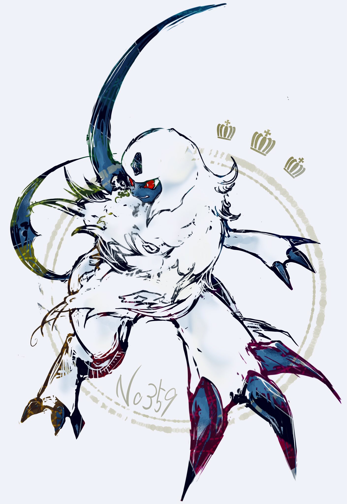 bwmtk1110, absol, nintendo, pokemon, highres, animal focus, bright pupils, claws, closed mouth, fluffy, full body, gen 3 pokemon, horns, mane, neck fur, no humans, pokedex number, pokemon (creature), pokemon focus, red eyes, simple background, single horn, solo, standing, white background, white fur, white pupils