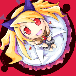 flonne, pram (phantom kingdom), disgaea, makai senki disgaea 2, makai senki disgaea 3, nippon ichi, phantom kingdom, lowres, 1girl, blonde hair, cosplay, dress, fang, female focus, from above, horns, long hair, pram (cosplay), red eyes, smile, solo