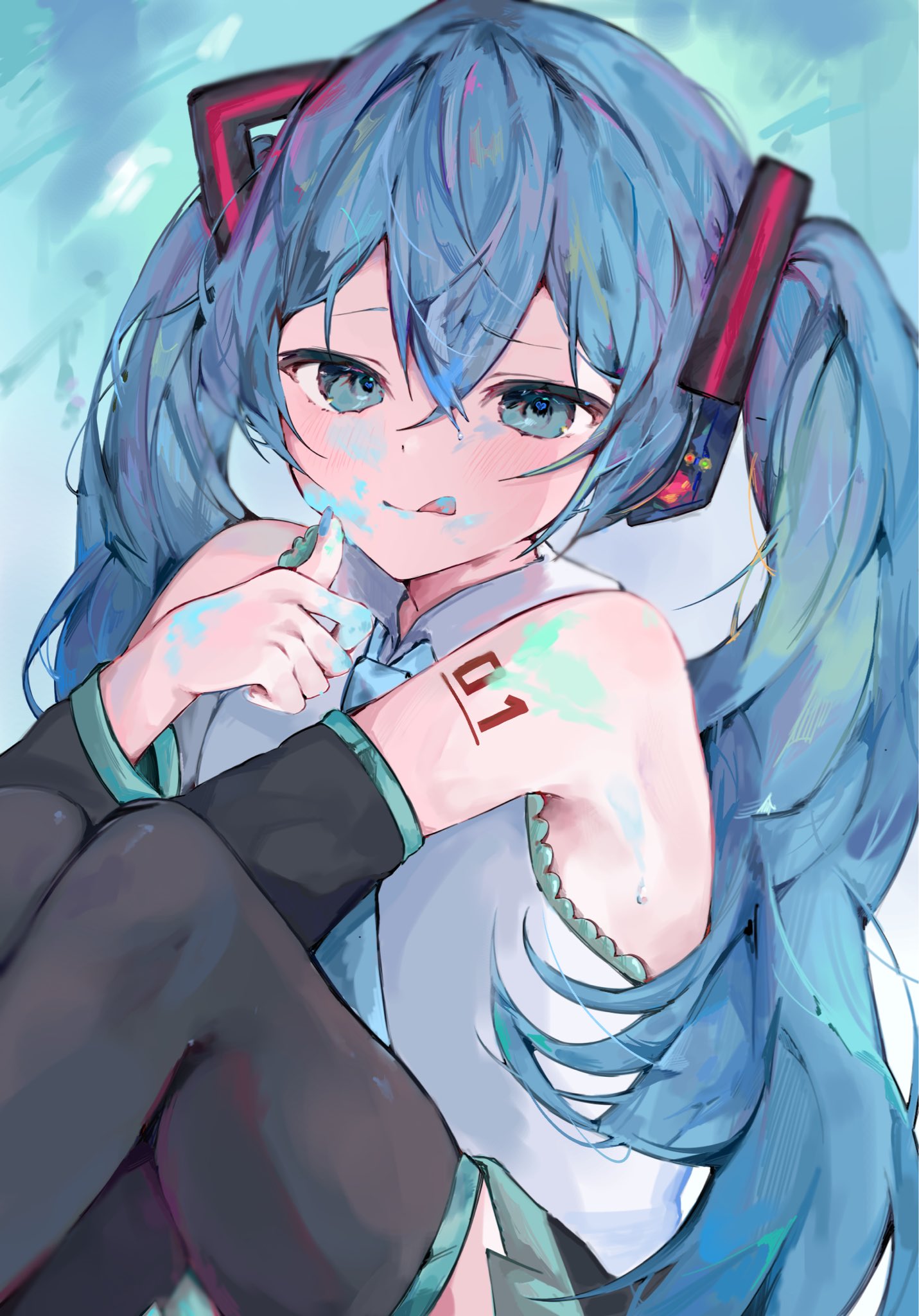 hatsune miku, vocaloid, commentary request, highres, 1girl, :q, aqua eyes, aqua hair, aqua necktie, aqua trim, arm tattoo, bare shoulders, black skirt, black sleeves, black thighhighs, blush, closed mouth, collared shirt, crossed bangs, detached sleeves, dot nose, frilled shirt, frills, hair between eyes, hair ornament, hand up, headphones, heart, heart in eye, knees up, licking lips, long hair, long sleeves, looking at viewer, necktie, number tattoo, pleated skirt, samonnmonn, shirt, sidelocks, sitting, skirt, sleeveless, sleeveless shirt, smile, solo, symbol in eye, tattoo, thighhighs, tongue, tongue out, twintails, very long hair, white shirt