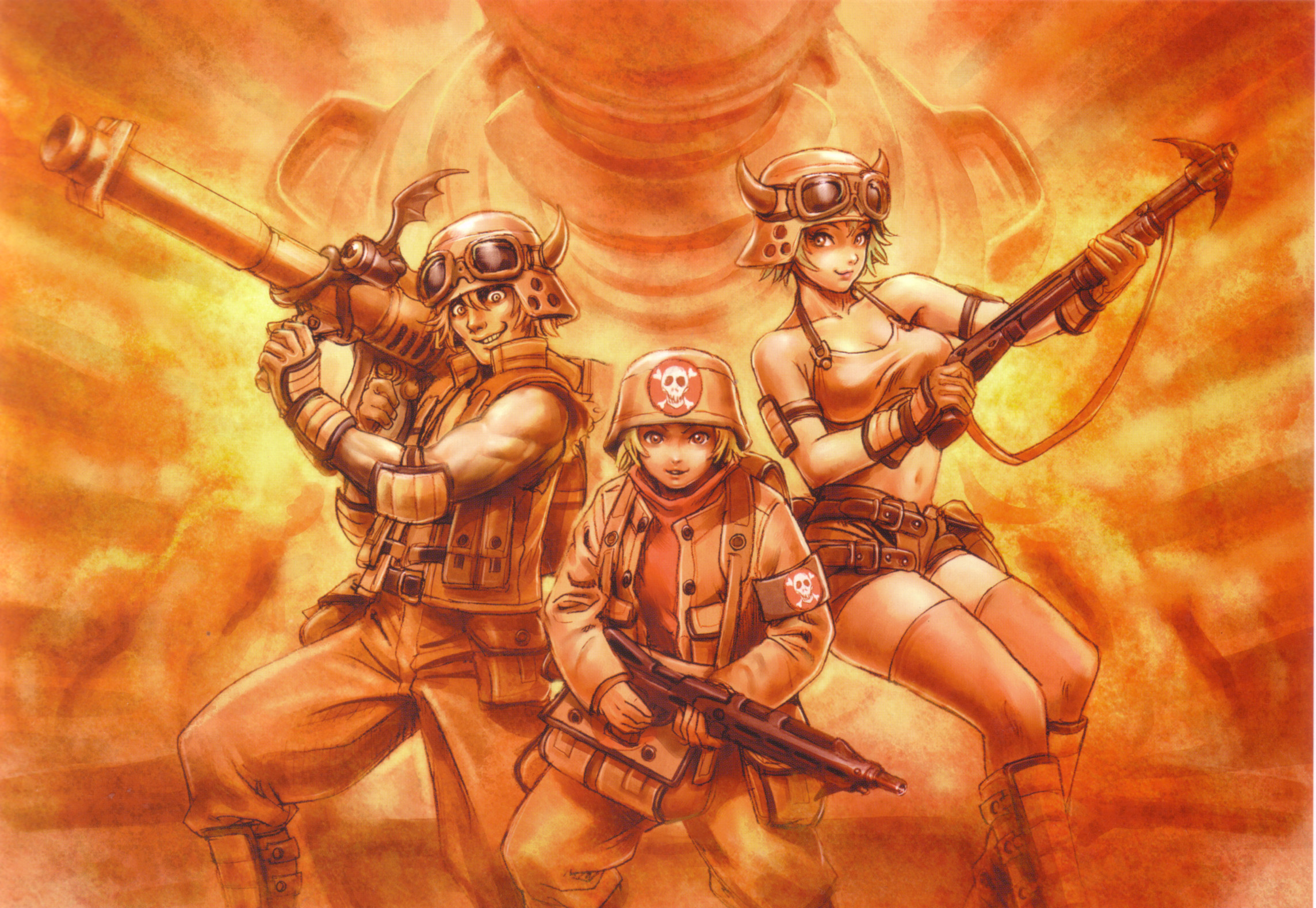 yamashita shun'ya, female soldier (phantom kingdom), male soldier (phantom kingdom), medic (phantom kingdom), nippon ichi, phantom kingdom, highres, 1girl, 2boys, androgynous, boots, gun, helmet, multiple boys, orange theme, pants, rocket launcher, shorts, skull print, weapon
