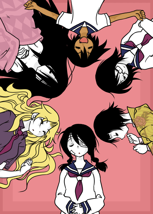 fujiyoshi harumi, kimura kaere, kobushi abiru, komori kiri, sekiutsu maria tarou, tsunetsuki matoi, sayonara zetsubou sensei, uniform, 00s, 6+girls, bandage over one eye, bandages, black hair, blanket, blonde hair, circle formation, dark-skinned female, dark skin, everyone, eyepatch, japanese clothes, kimono, multiple girls, necktie, short hair, sleeping
