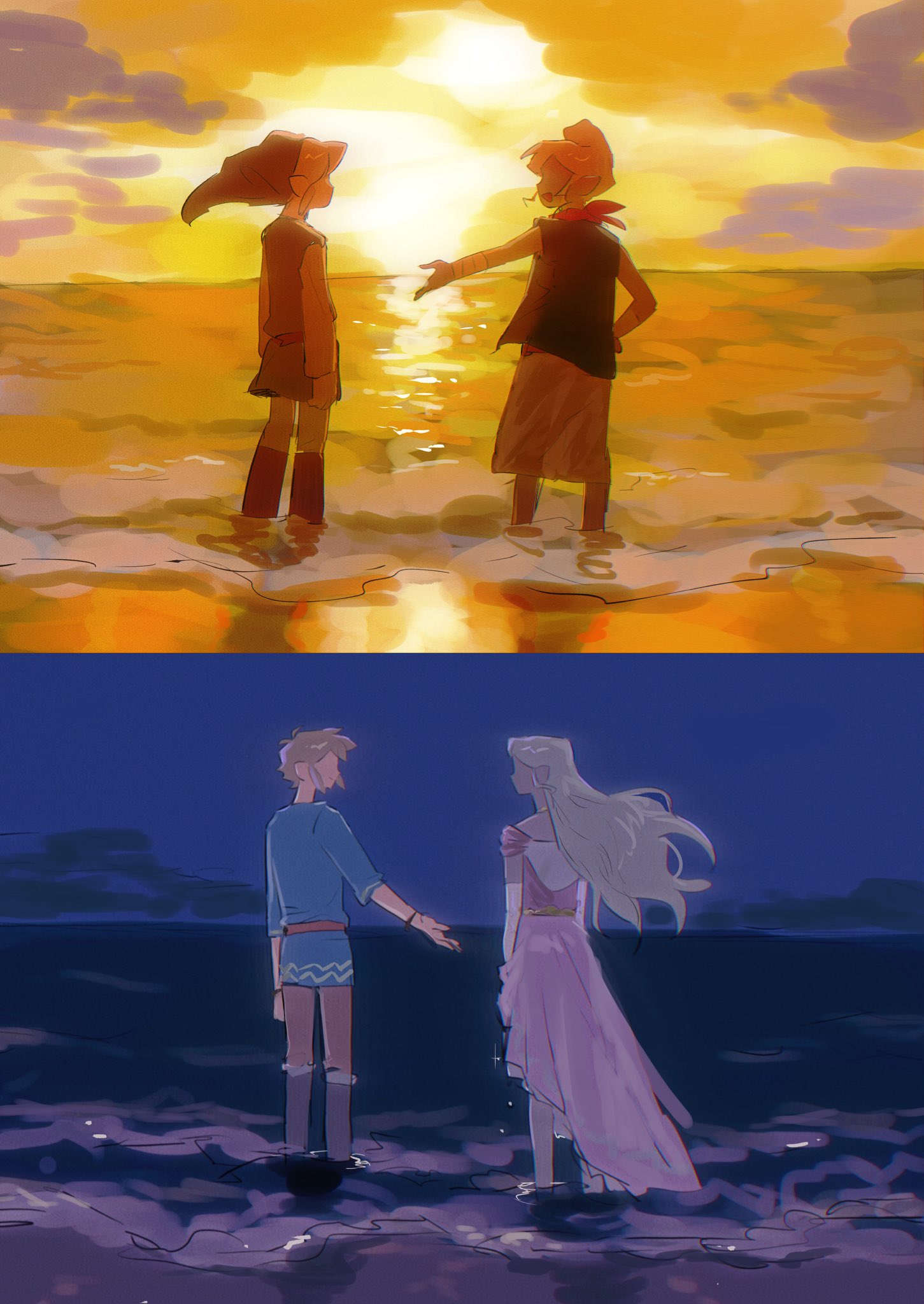 senzo6700, link, princess zelda, tetra, toon link, toon zelda, nintendo, the legend of zelda, the legend of zelda: the wind waker, highres, 1boy, 1girl, beach, blonde hair, dark-skinned female, dark skin, dress, green tunic, night, ocean, official alternate costume, outstretched arm, pink dress, pointy ears, scarf, standing, sunset, tunic, water