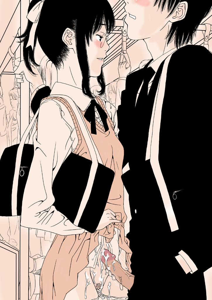 gusu, original, 1boy, 1girl, blush, clothes lift, cum, glasses, handjob, hetero, monochrome, panties, panty pull, penis, pink theme, pubic hair, public indecency, pussy, school uniform, sepia, skirt, skirt lift, train, train interior, uncensored, underwear