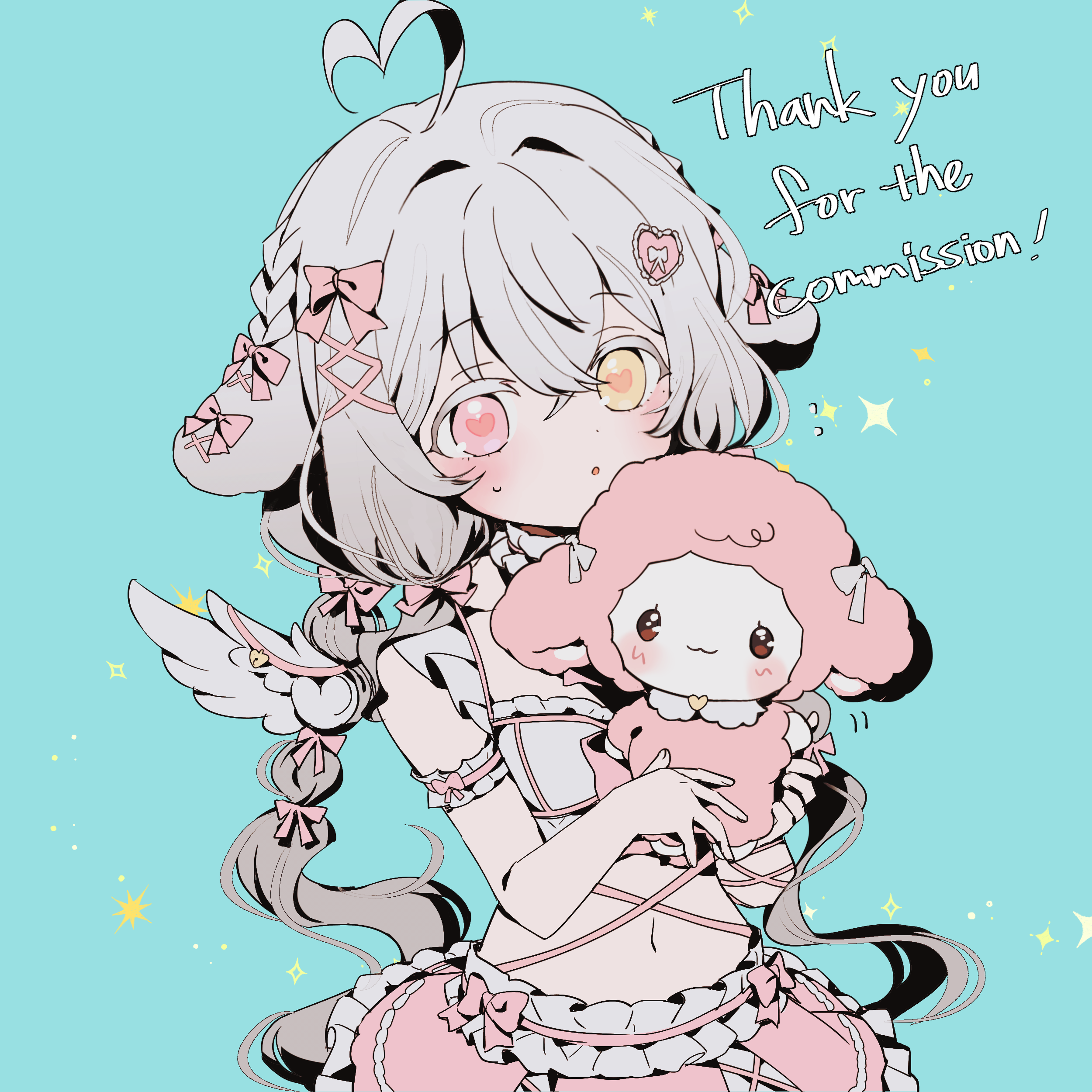 original, absurdres, commission, highres, 1girl, ahoge, animal ears, blush, bow, braid, dodobam, dog ears, floppy ears, grey hair, hair bow, hair ornament, heart, heart ahoge, heart hair ornament, heterochromia, long hair, multiple hair bows, navel, pink bow, pink eyes, pink skirt, ribbon, skirt, solo, stuffed animal, stuffed toy, thank you, twintails, virtual youtuber, white wings, wings, yellow eyes