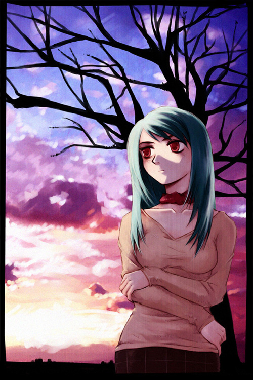 messiah cage, plaid, 1girl, breasts, choker, cleavage, cloud, crossed arms, day, fall, female focus, green hair, long hair, medium breasts, red eyes, skirt, sky, solo, standing, sunset, tree