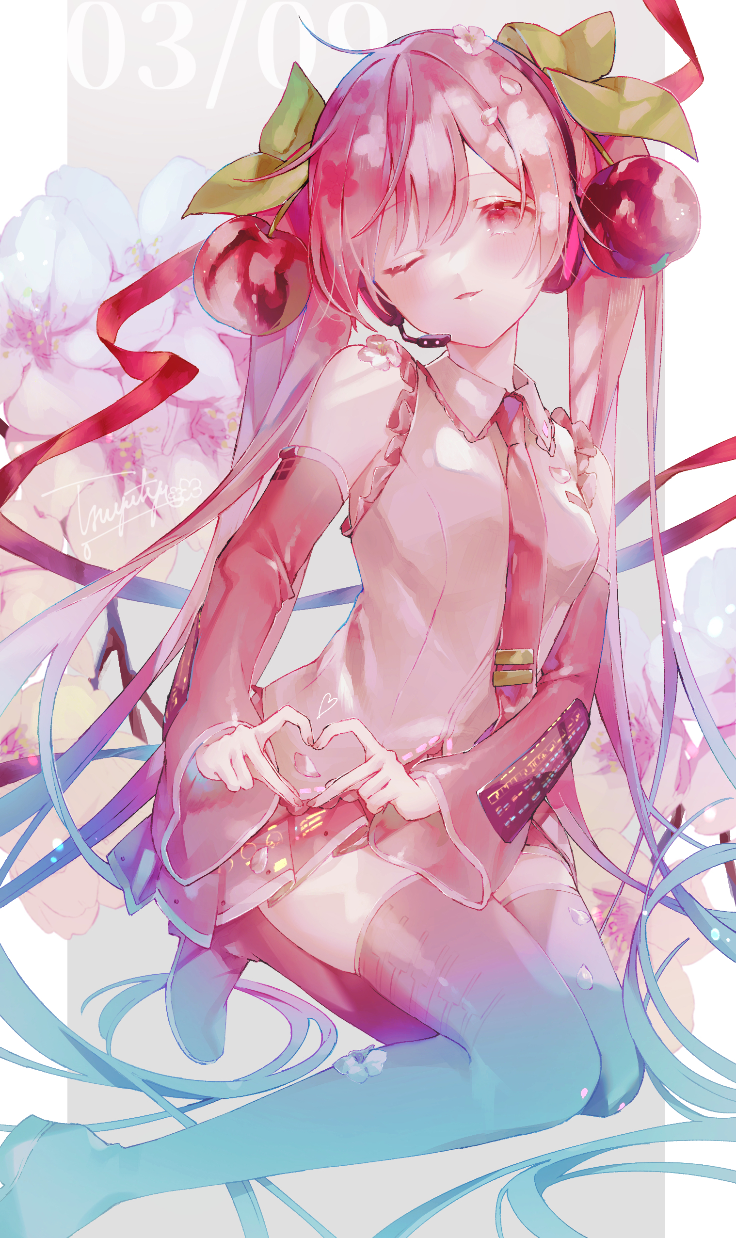 tsuyutya, hatsune miku, sakura miku, vocaloid, absurdres, commentary request, highres, partial commentary, 1girl, boots, cherry blossoms, cherry hair ornament, collared shirt, detached sleeves, food-themed hair ornament, four-finger heart hands, frilled shirt, frills, grey shoes, hair ornament, headset, heart, heart hands, long hair, long sleeves, miku day, necktie, one eye closed, pillarboxed, pink eyes, pink hair, pink necktie, pink sleeves, shirt, shoes, signature, sleeveless, sleeveless shirt, solo, thigh boots, tie clip, timestamp, twintails, very long hair, white shirt