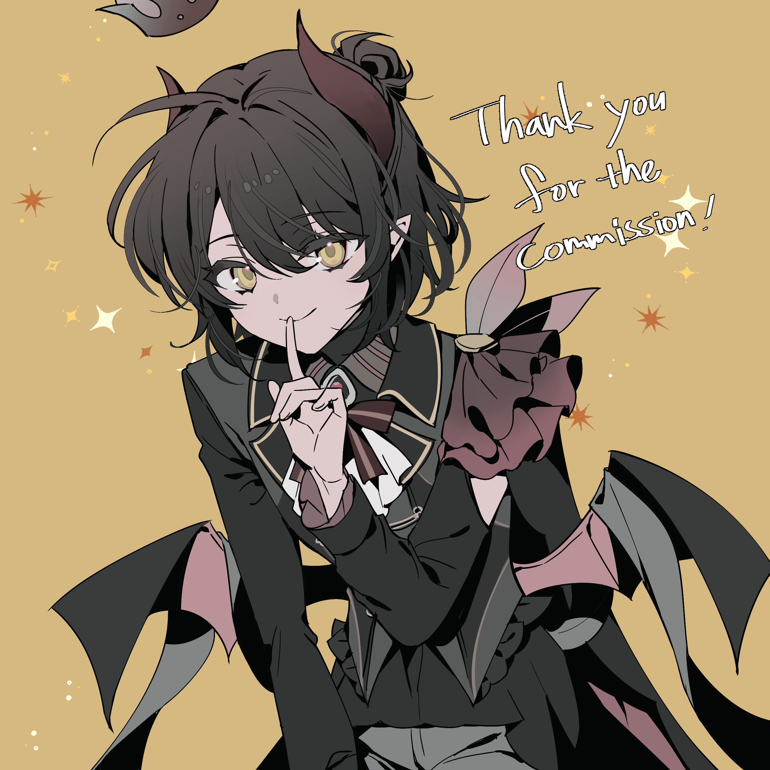 original, absurdres, highres, 1boy, androgynous, black hair, demon boy, demon horns, demon wings, dodobam, finger to mouth, horns, long sleeves, looking at viewer, low wings, male focus, pointy ears, red horns, short hair, shushing, smile, solo, thank you, trap, wings, yellow background, yellow eyes