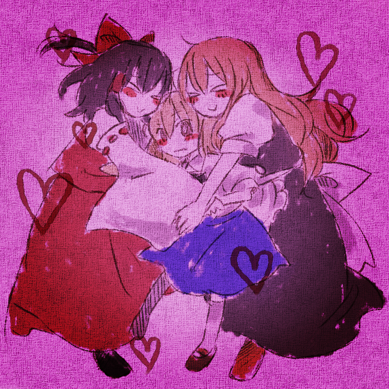 marisu, alice margatroid, alice margatroid (pc-98), hakurei reimu, kirisame marisa, mystic square, touhou, touhou (pc-98), bad id, bad pixiv id, 3girls, apron, blonde hair, blue dress, detached sleeves, dress, female focus, heart, height difference, long hair, long sleeves, looking at viewer, multiple girls, pink background, red eyes, ribbon-trimmed sleeves, ribbon trim, simple background, time paradox, very long hair, waist apron, yuri