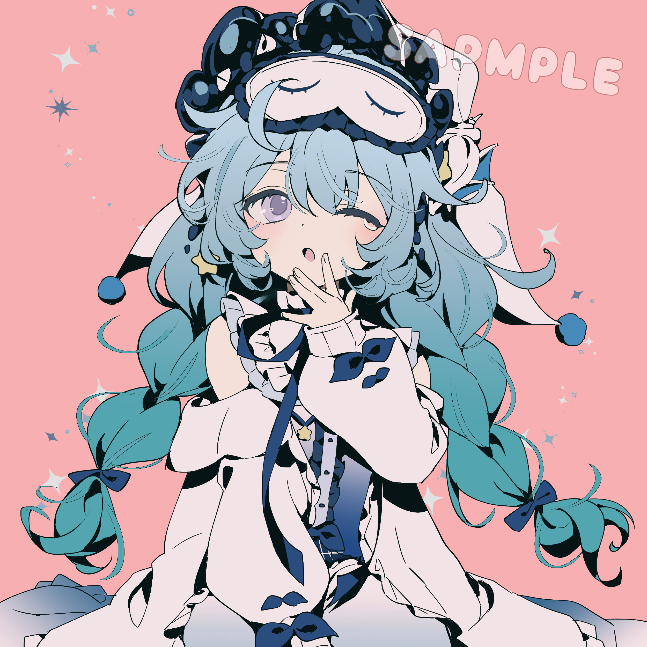 original, absurdres, commission, highres, 1girl, ;o, blue bow, blue hair, bow, braid, dodobam, eye mask, frills, gradient hair, hair bow, hat, jacket, long hair, long sleeves, low twin braids, multicolored hair, one eye closed, open clothes, open jacket, open mouth, pink background, puffy long sleeves, puffy sleeves, purple eyes, sample watermark, simple background, sleep mask, sleepy, sleeve bow, solo, tearing up, twin braids, watermark, white jacket, yawning