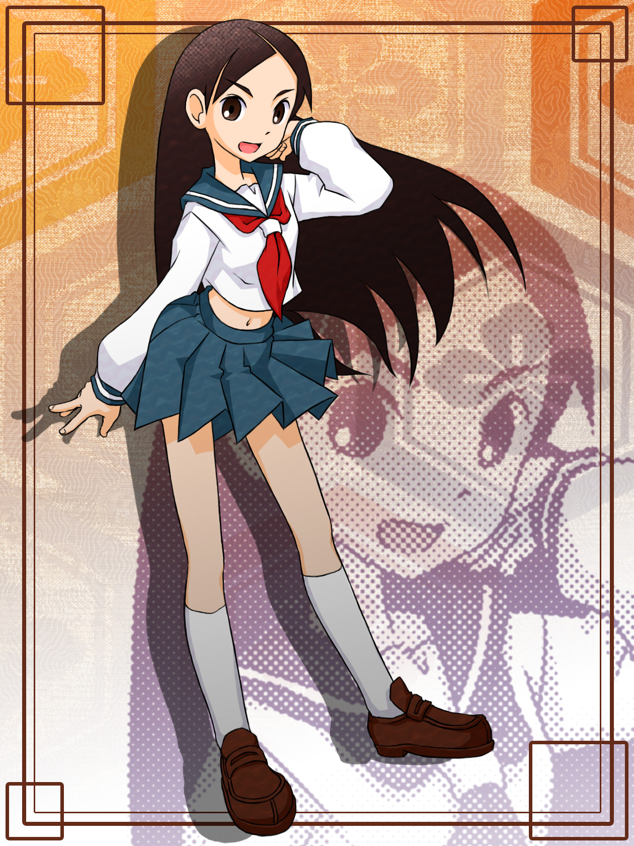 makkusu (pixiv), kitsu chiri, sayonara zetsubou sensei, uniform, highres, 00s, long hair, midriff, parted bangs, solo