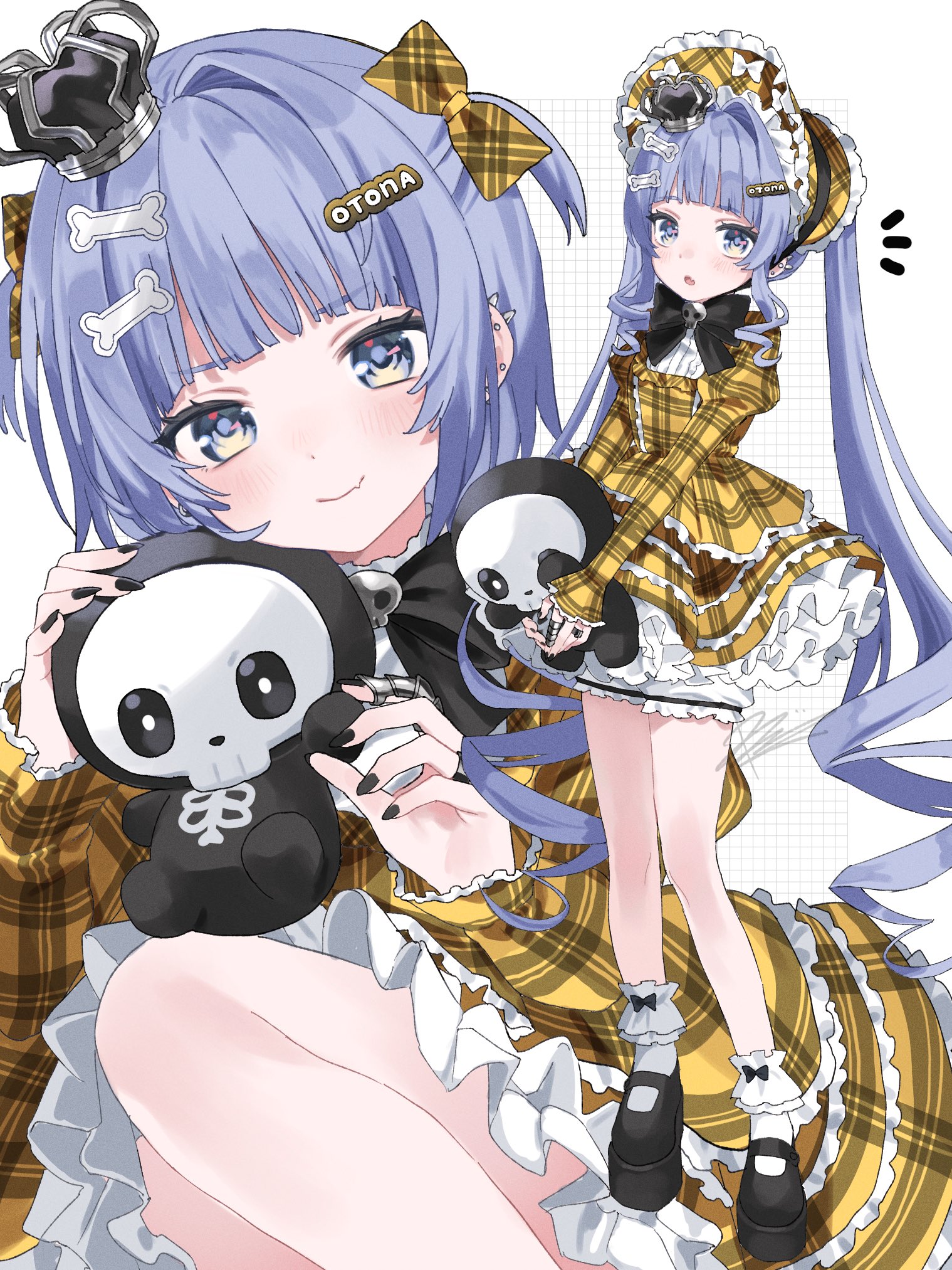 riia (riiakun), yano kuromu, yano kuromu (3rd costume), vspo!, hashtag-only commentary, highres, 1girl, black bow, black bowtie, black nails, black shoes, bloomers, blue eyes, blue hair, bone hair ornament, bonnet, bow, bowtie, claw ring, crown, dress, frilled bonnet, frilled dress, frills, gold bow, gold dress, grid background, hair intakes, hair ornament, hairclip, hairpin, holding, holding stuffed toy, juliet sleeves, long hair, long sleeves, looking at viewer, mary janes, mini crown, multiple views, nail polish, official alternate costume, petticoat, plaid bonnet, plaid bow, platform shoes, puffy sleeves, shoes, short hair, simple background, skull brooch, sleeves past wrists, smile, socks, stuffed toy, twintails, two side up, underwear, very long hair, virtual youtuber, white bloomers, white socks