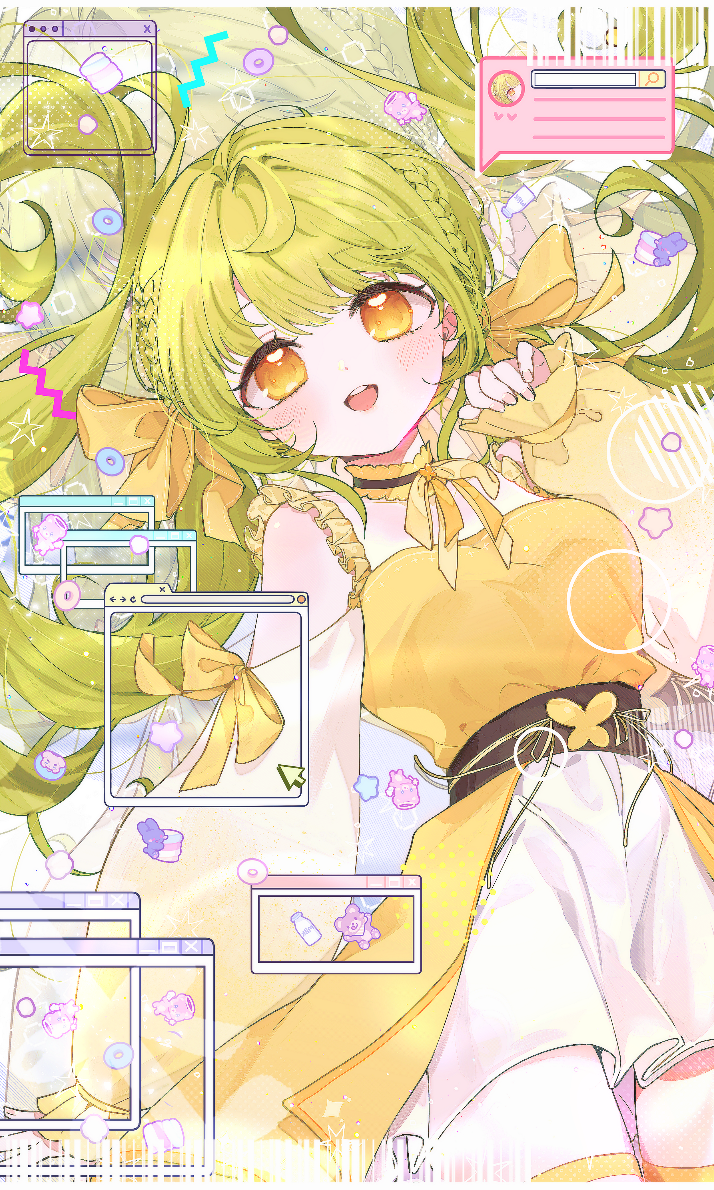original, absurdres, commission, highres, 1girl, :d, barcode, battery indicator, blush, bow, bow choker, braid, candy, choker, cowboy shot, cursor, dodobam, dress, food, frills, green hair, hair bow, long hair, long sleeves, looking at viewer, open mouth, orange eyes, ribbon, smile, solo, thighhighs, twintails, very long hair, window (computing), yellow bow, yellow dress, yellow eyes, yellow ribbon, yellow thighhighs