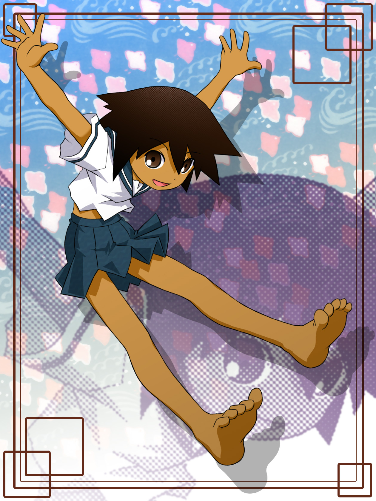 makkusu (pixiv), sekiutsu maria tarou, sayonara zetsubou sensei, uniform, highres, 00s, barefoot, dark-skinned female, dark skin, feet, solo