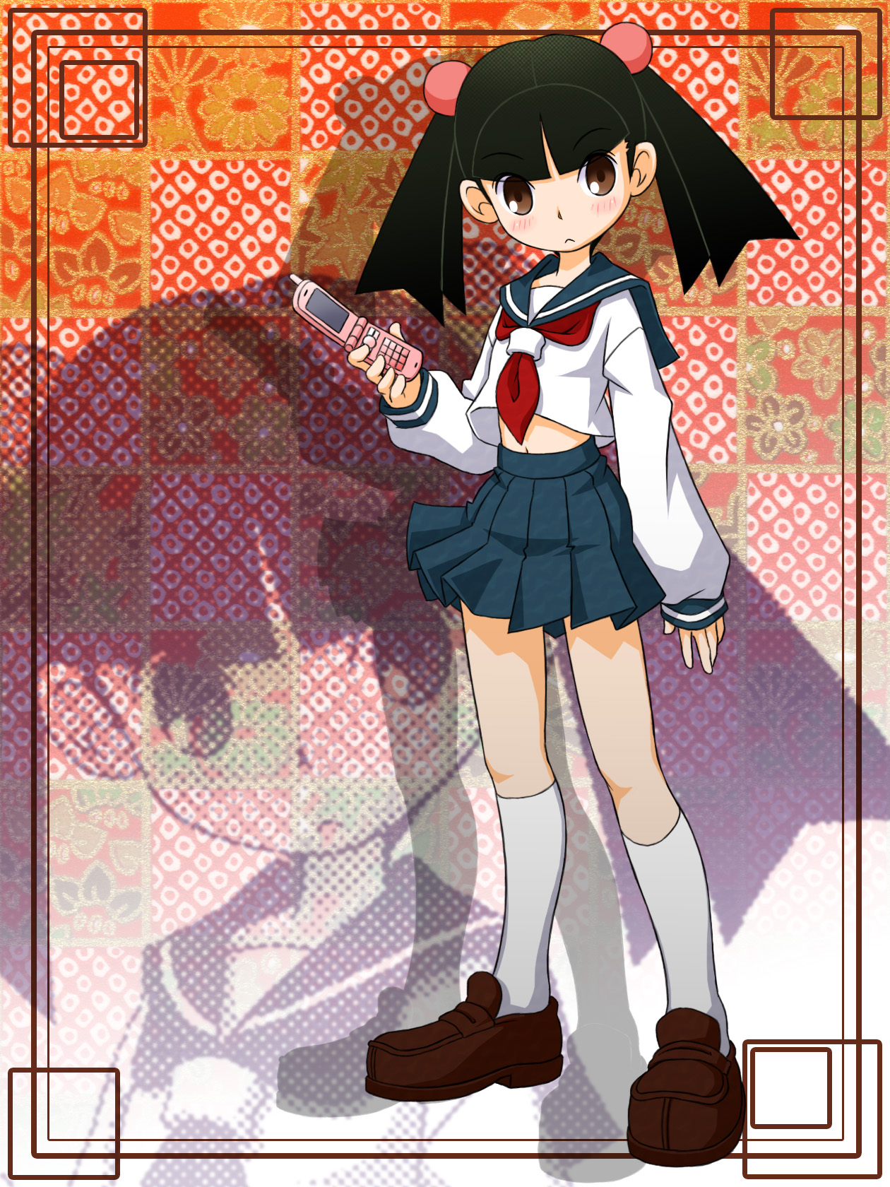 makkusu (pixiv), otonashi meru, sayonara zetsubou sensei, uniform, highres, 00s, blush, cellphone, hair ornament, midriff, phone, short twintails, solo, sphere hair ornament, twintails