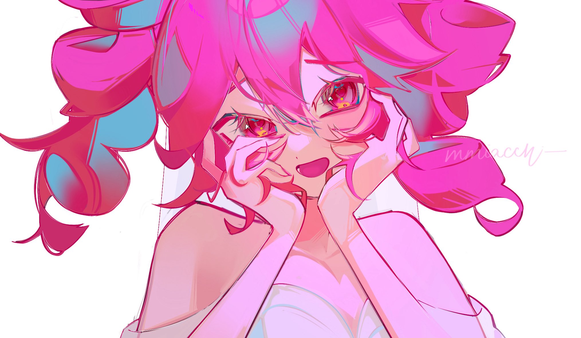 mmiacchi, kasane teto, utau, highres, 1girl, artist name, bare shoulders, dress, hands on own face, heart, heart-shaped pupils, open mouth, pink hair, pointy ears, signature, simple background, smile, solo, symbol-shaped pupils, white background, white dress