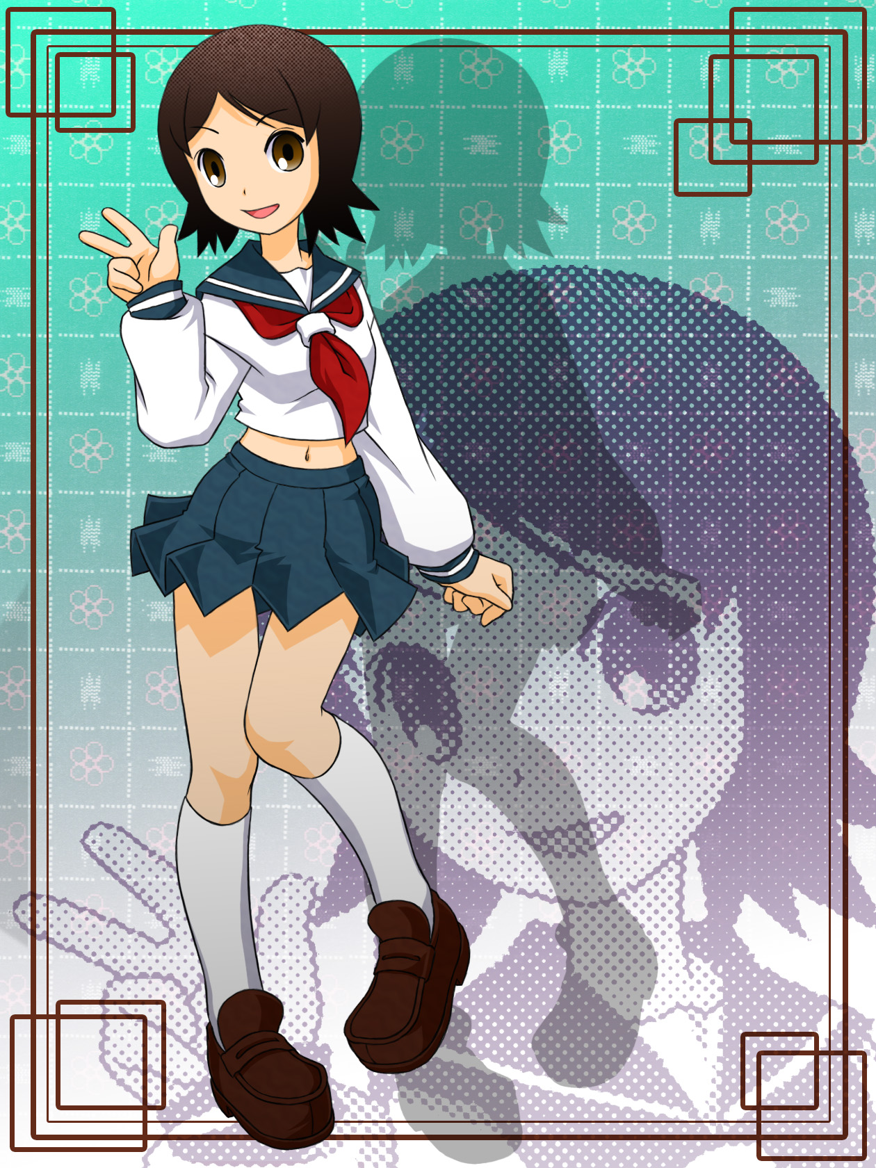 makkusu (pixiv), hitou nami, sayonara zetsubou sensei, uniform, highres, 00s, midriff, short hair, solo