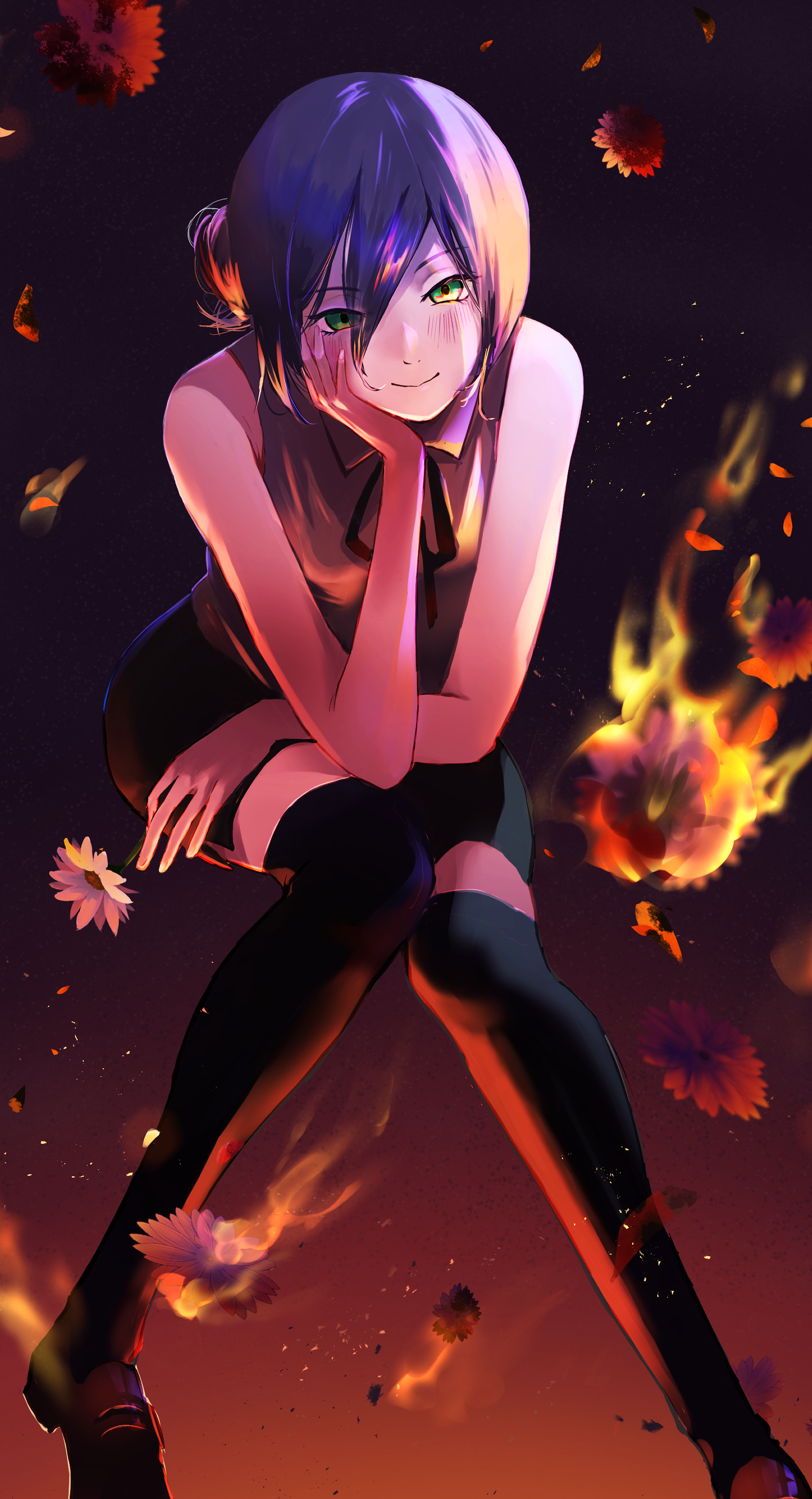 kwnri, reze (chainsaw man), chainsaw man, absurdres, highres, 1girl, black ribbon, black thighhighs, burning, fire, flower, green eyes, grey shirt, hand on own face, head rest, holding, holding flower, invisible chair, looking at viewer, neck ribbon, purple hair, ribbon, shirt, sitting, sleeveless, sleeveless shirt, smile, solo, thighhighs, white flower