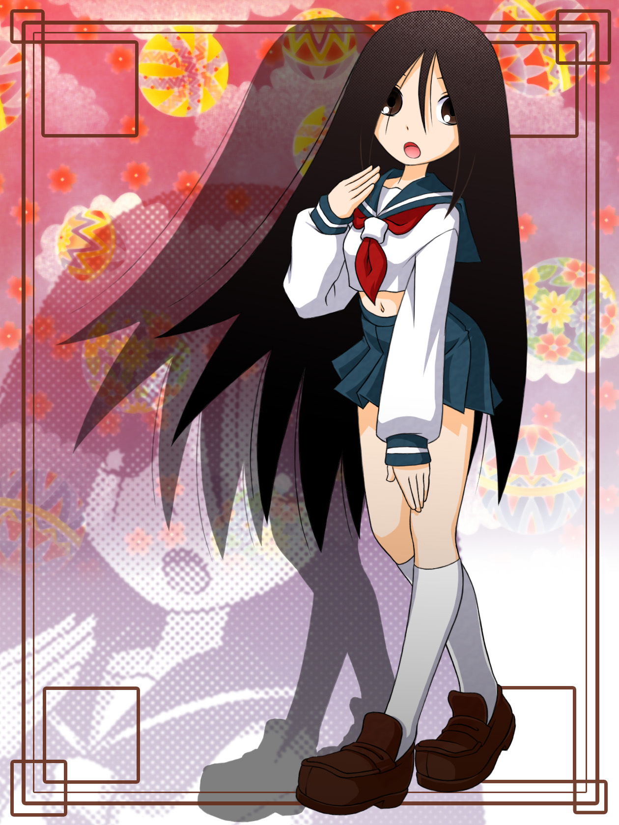 makkusu (pixiv), komori kiri, sayonara zetsubou sensei, uniform, highres, 00s, long hair, midriff, solo