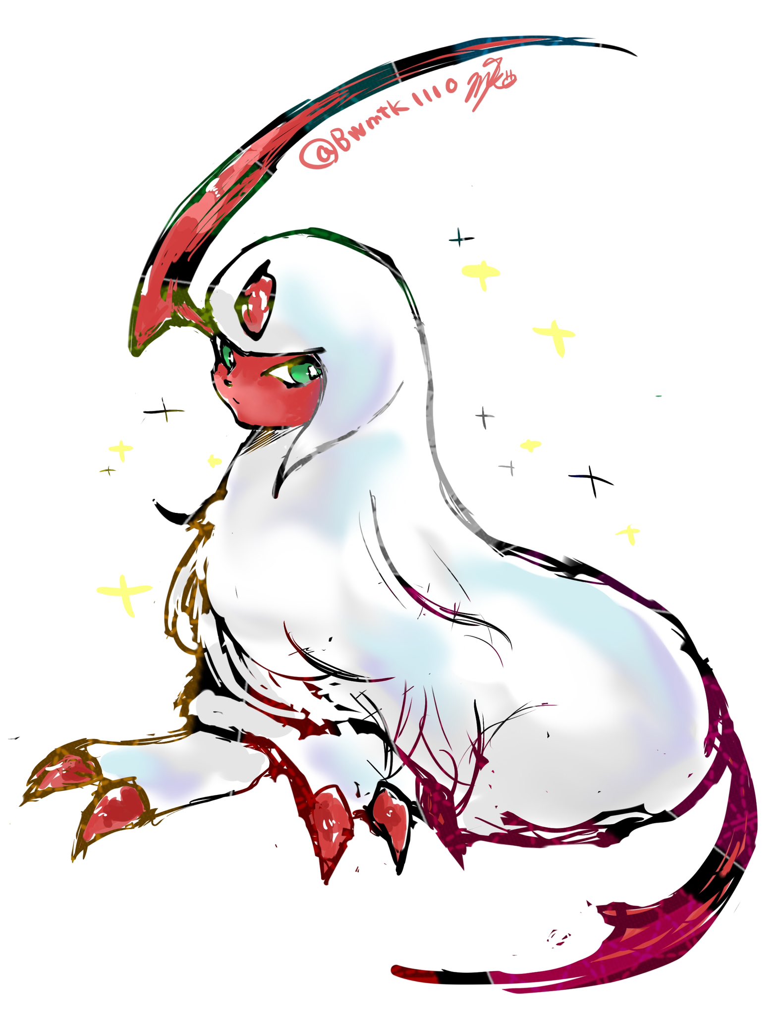 bwmtk1110, absol, nintendo, pokemon, highres, alternate color, animal focus, bright pupils, claws, closed mouth, fluffy, full body, gen 3 pokemon, green eyes, horns, looking at viewer, mane, mega pokemon, neck fur, no humans, pokemon (creature), pokemon focus, shiny pokemon, simple background, single horn, sitting, solo, white background, white fur, white pupils