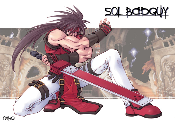 orebalgum, sol badguy, arc system works, guilty gear, commentary request, korean commentary, belt, belt buckle, biceps, black belt, black gloves, brown hair, buckle, castle, character name, fighting stance, fingerless gloves, fireseal, full body, gloves, gold buckle, headband, holding, holding sword, holding weapon, impasto, jacket, lapels, left-handed, leg belt, long hair, male focus, muscular, muscular male, nose, on one knee, pants, red carpet, red headband, red jacket, red shoes, ruins, shoes, sleeveless, sleeveless jacket, solo, spiked hair, straight hair, sword, watermark, weapon, web address, white pants