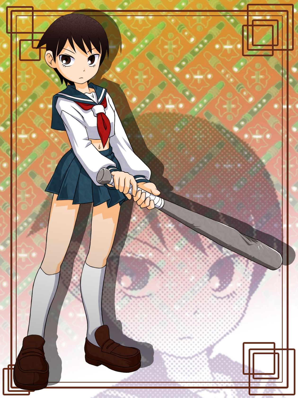 makkusu (pixiv), mitama mayo, sayonara zetsubou sensei, uniform, highres, 00s, baseball bat, midriff, solo