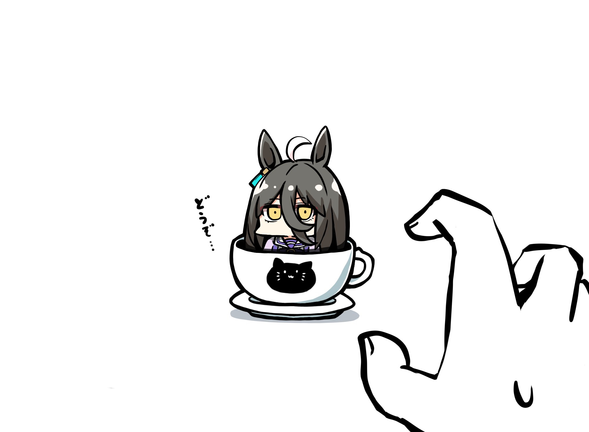 kawamochi (tddm3573), manhattan cafe (umamusume), umamusume, highres, translation request, 1girl, 1other, ahoge, animal ears, black hair, bow, chibi, cup, hair between eyes, horse ears, in container, in cup, long hair, mini person, minigirl, multicolored hair, purple bow, purple shirt, saucer, shadow, shirt, simple background, small sweatdrop, sweat, two-tone hair, white background, white hair
