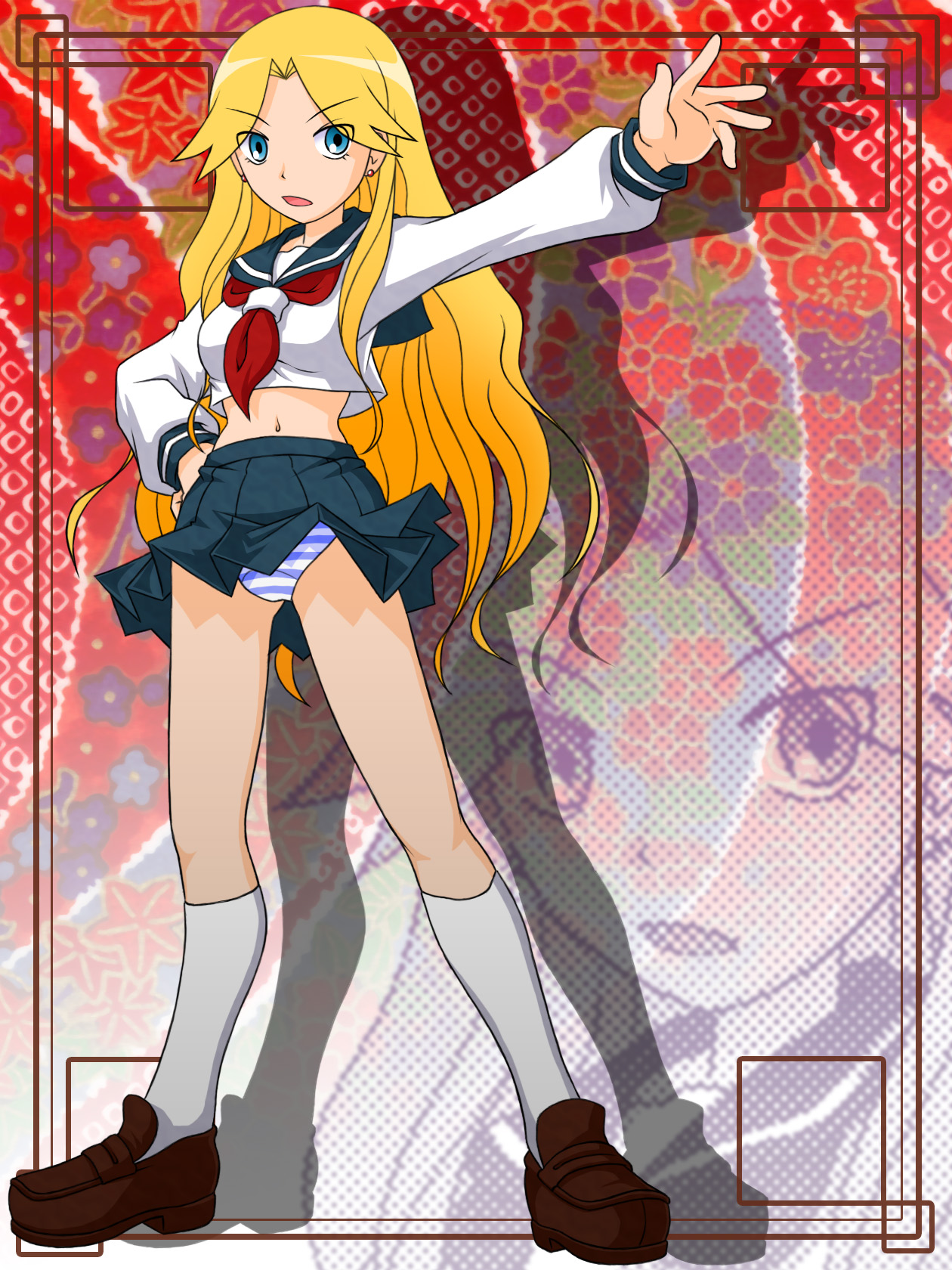 makkusu (pixiv), kimura kaere, sayonara zetsubou sensei, uniform, highres, 00s, blonde hair, blue eyes, clothes lift, midriff, panties, skirt, skirt lift, solo, striped clothes, striped panties, underwear