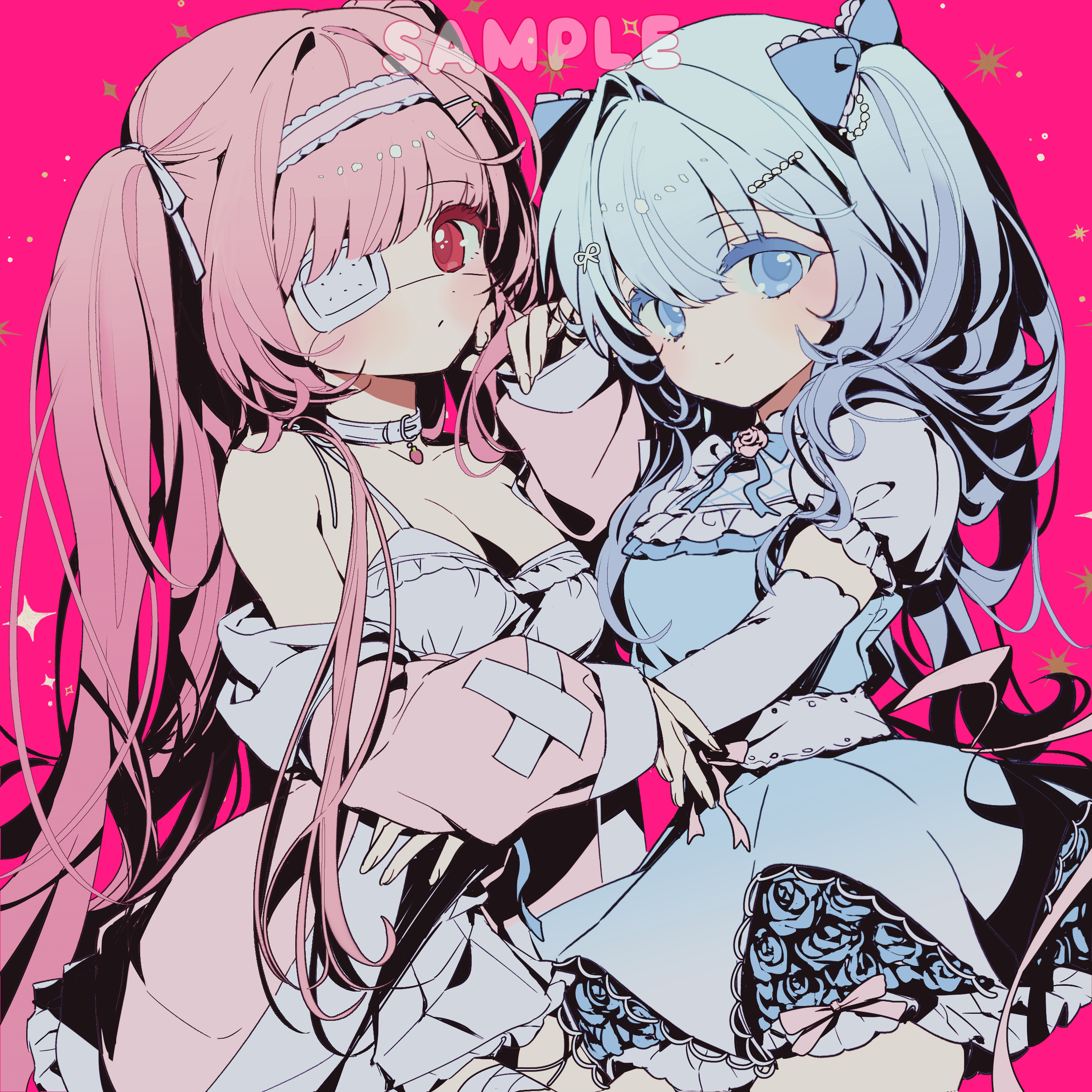 original, absurdres, commission, highres, 2girls, blue bow, blue dress, blue eyes, blue hair, bow, breasts, cleavage, closed mouth, collar, dodobam, dress, eyepatch, flower, frills, hair bow, hairband, jacket, long hair, long sleeves, looking at viewer, medical eyepatch, multiple girls, pink background, pink eyes, pink hair, pink jacket, puffy short sleeves, puffy sleeves, ribbon, rose, sample watermark, short sleeves, smile, twintails, watermark