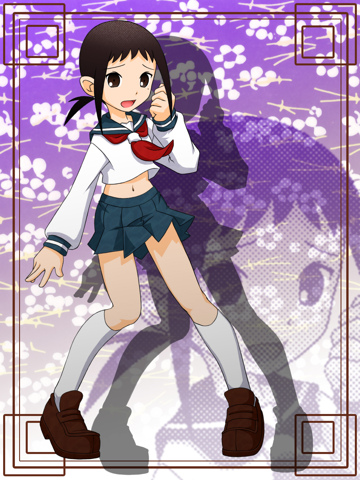 makkusu (pixiv), kaga ai, sayonara zetsubou sensei, uniform, highres, 00s, 1girl, female focus, full body, midriff, mole, mole under eye, solo
