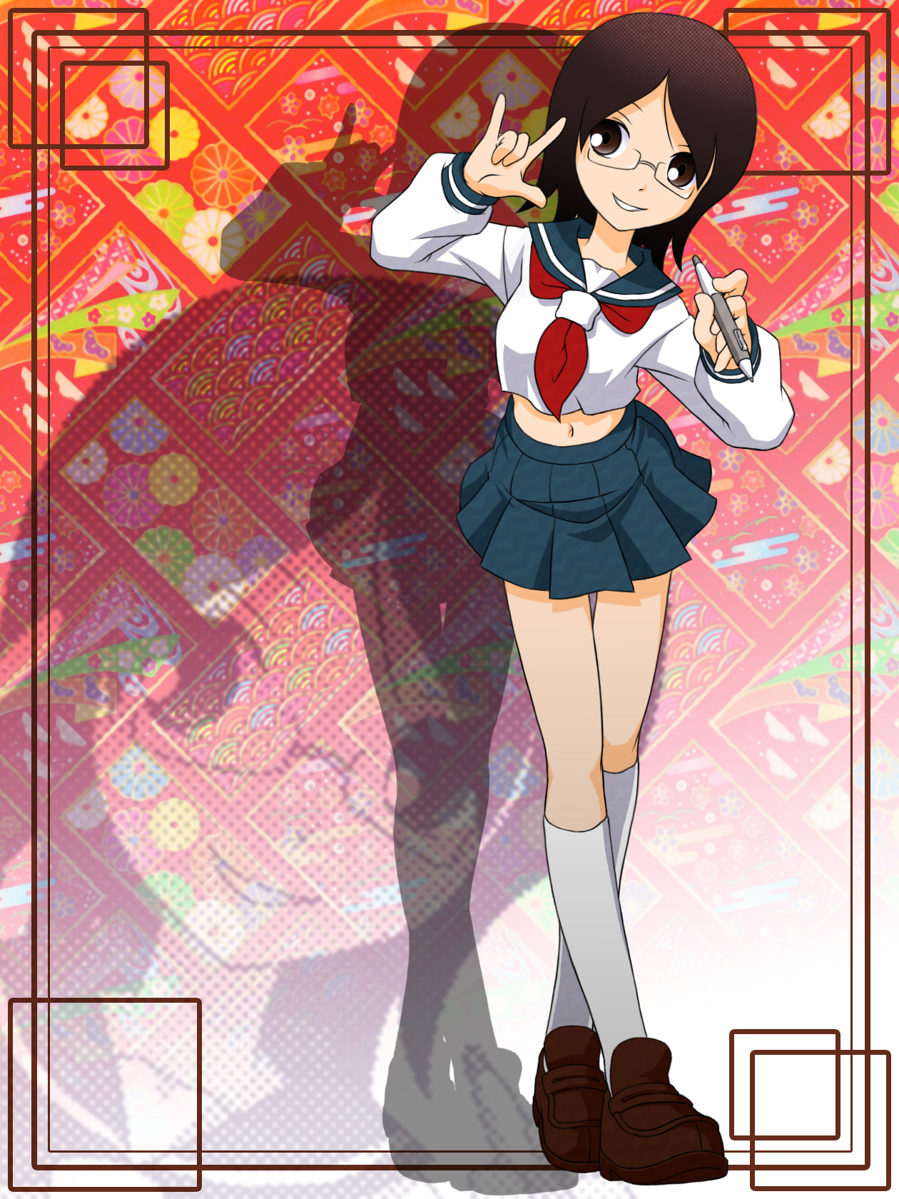 makkusu (pixiv), fujiyoshi harumi, macross, macross frontier, sayonara zetsubou sensei, uniform, highres, m/, glasses, midriff, parody, seikan hikou, solo