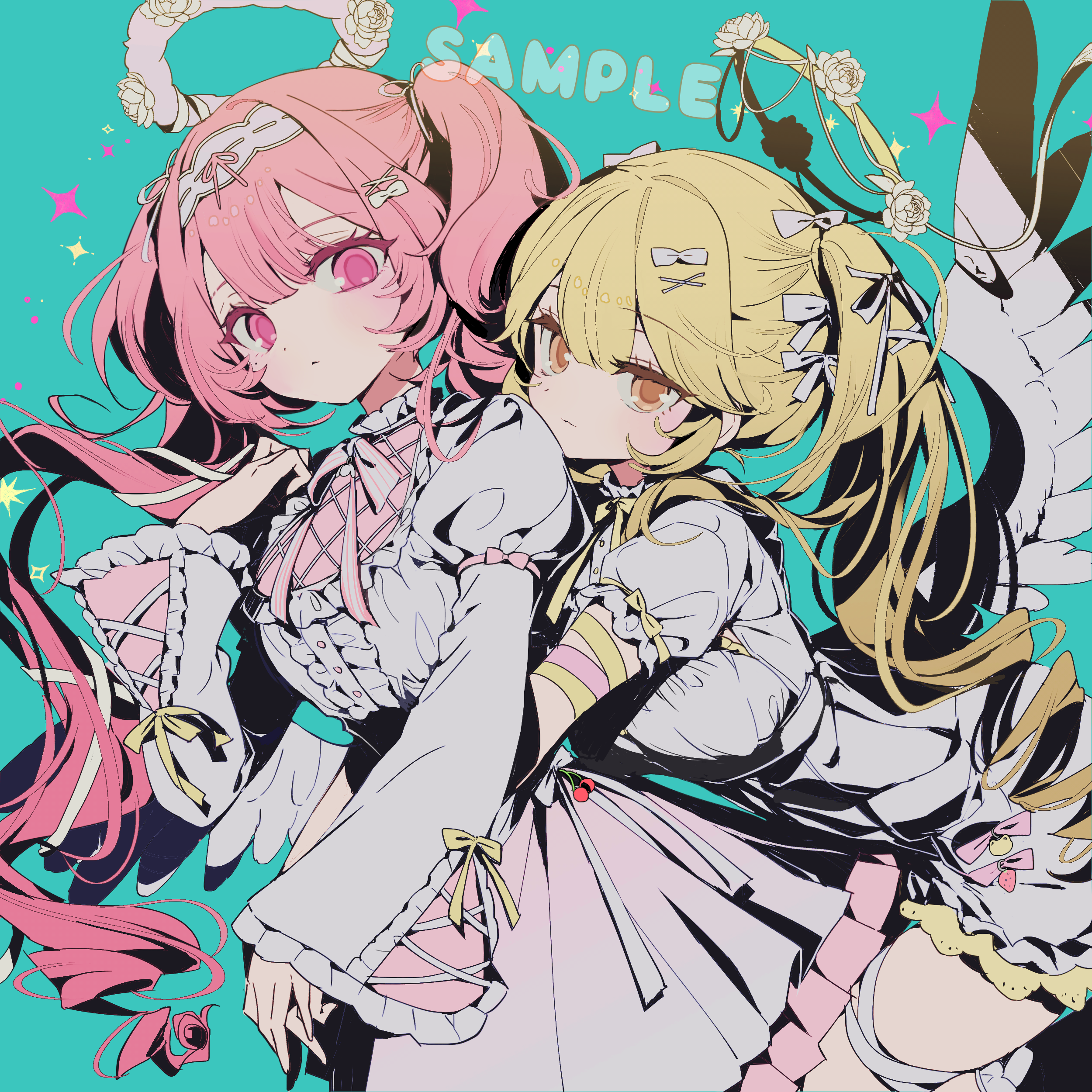 original, absurdres, commission, highres, skeb commission, 2girls, angel, angel wings, aqua background, blonde hair, bow, dodobam, dress, frills, hair bow, hair ornament, halo, hug, hug from behind, long hair, long sleeves, looking at viewer, multiple girls, orange eyes, pink bow, pink eyes, pink hair, puffy sleeves, ribbon, sample watermark, short sleeves, twintails, watermark, white dress, wings, x hair ornament