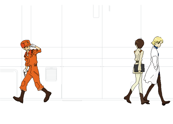 gen (susono01), akagi ritsuko, ibuki maya, neon genesis evangelion, uniform, blonde hair, brown hair, clipboard, gloves, hat, lab coat, looking back, oekaki, pantyhose, pixel art, short hair