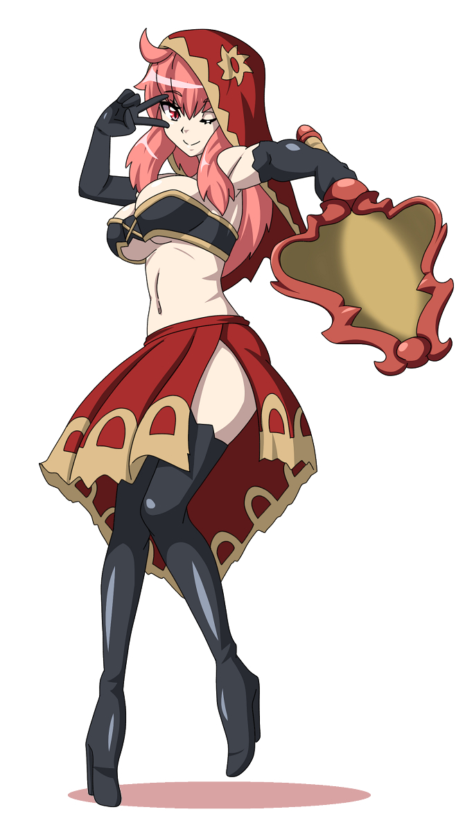 buti-yu, desert sorceress, dark souls (series), dark souls ii, commentary request, 1girl, animification, bandeau, black bandeau, black boots, black gloves, boots, breasts, closed mouth, elbow gloves, full body, gloves, hand fan, holding, holding fan, large breasts, long hair, looking at viewer, midriff, navel, one eye closed, pink hair, red eyes, red hood, red skirt, simple background, skirt, smile, solo, standing, thigh boots, v, v over eye, white background