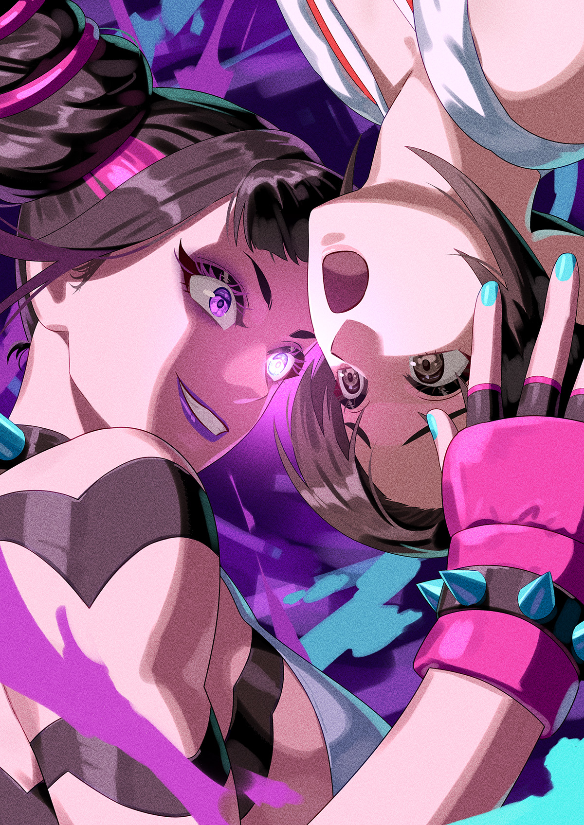 yagi2013, han juri, shiranui mai, street fighter, street fighter 6, highres, revision, 2girls, black hair, blue nails, breasts, brown eyes, brown hair, choker, close-up, evil grin, evil smile, fighting, fingerless gloves, gameplay mechanics, gloves, glowing, glowing eyes, grin, hair horns, hand on another's head, lipstick, makeup, multiple girls, nail polish, ninja, open mouth, parted bangs, pink hair, purple eyes, purple lips, sideboob, smile, upside-down, worried