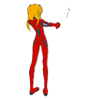 gen (susono01), souryuu asuka langley, neon genesis evangelion, lowres, 1girl, ass, back, bodysuit, female focus, from behind, full body, gloves, hair ornament, long hair, mecha pilot suit, oekaki, orange hair, outstretched arms, own hands together, plugsuit (evangelion), red hair, simple background, skinny, solo, standing, stretching, turtleneck, v arms