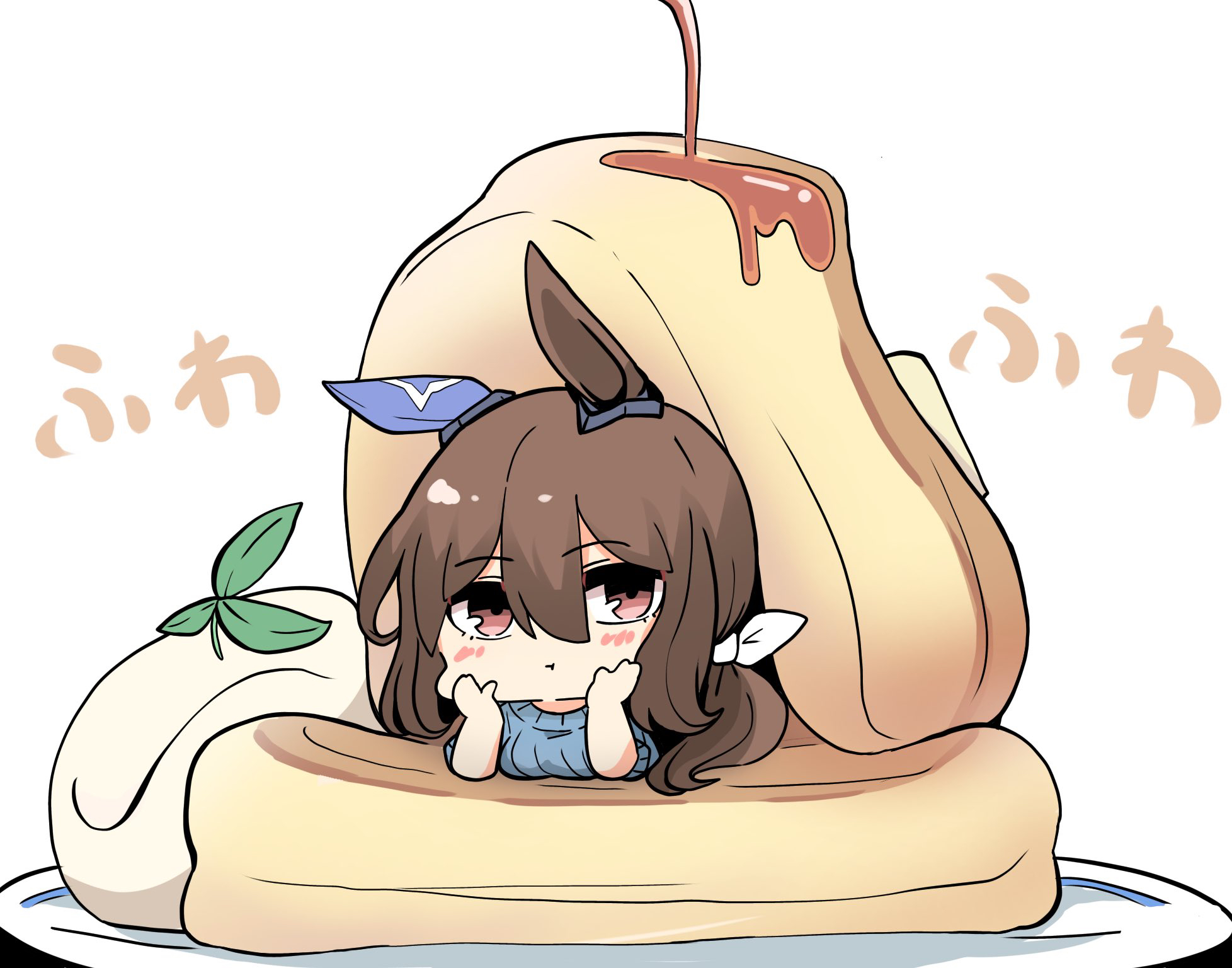 kawamochi (tddm3573), admire vega (umamusume), umamusume, highres, translation request, 1girl, :t, blue sweater, breasts, brown hair, closed mouth, food, hair between eyes, hair ribbon, in food, looking at viewer, low ponytail, medium breasts, pancake, plate, ponytail, red eyes, ribbed sweater, ribbon, short sleeves, simple background, solo, sweater, white background, white ribbon