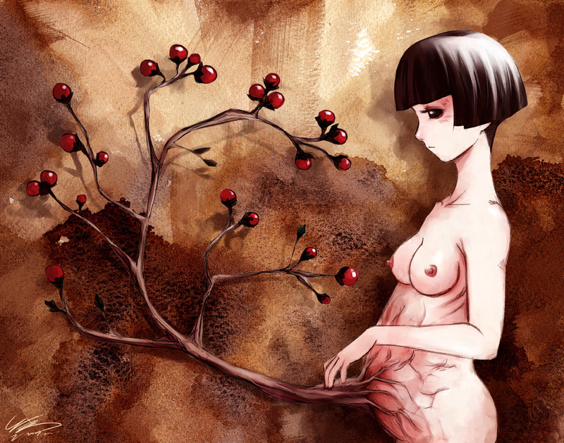 messiah cage, original, 1girl, berry, black eyes, black hair, bob cut, breasts, cleavage, collarbone, female focus, frown, nipples, nude, plant, pregnant, profile, short hair, signature, small breasts, solo, standing, surreal, tree, watermark