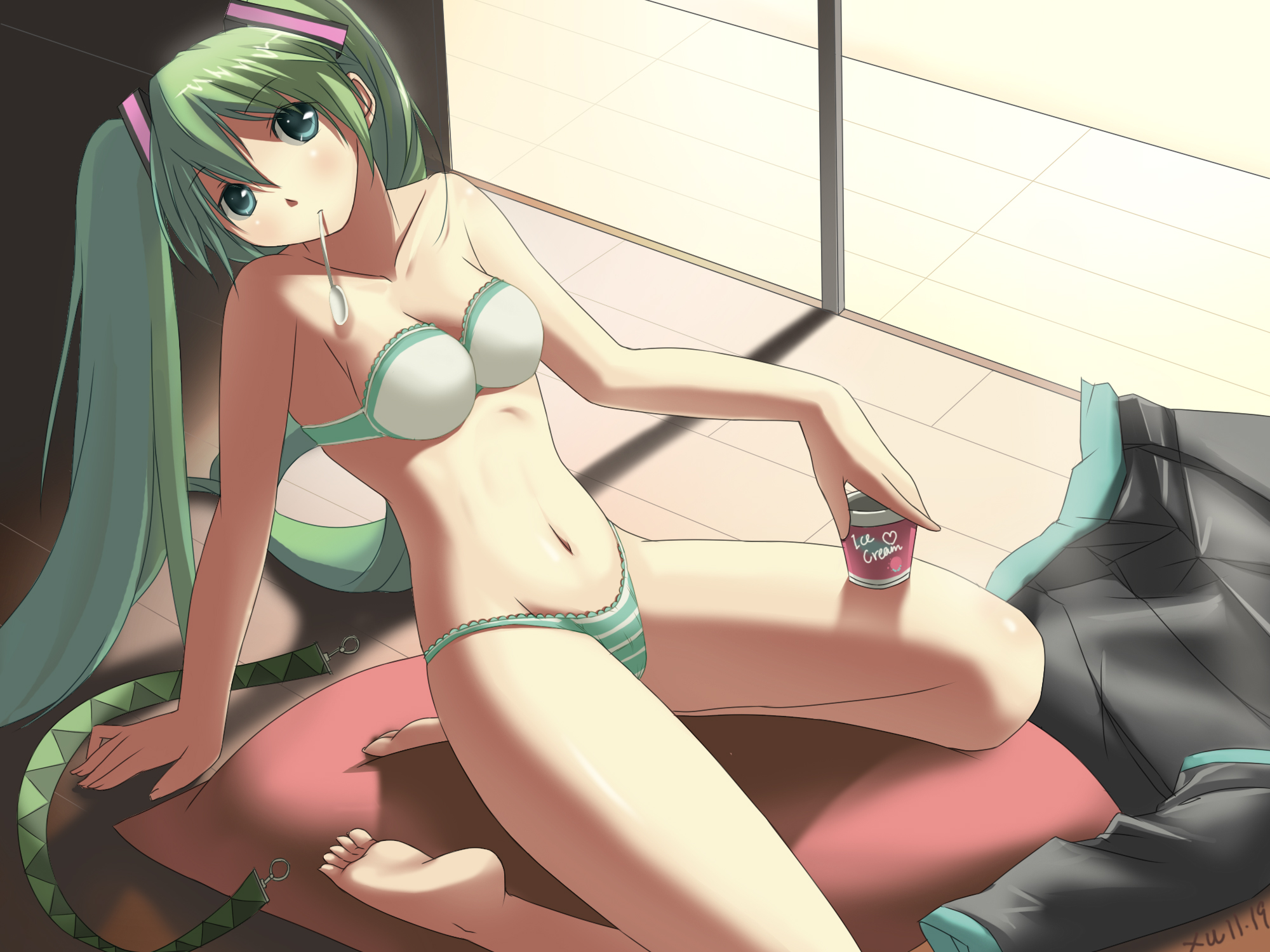yykuaixian, hatsune miku, vocaloid, bad id, bad pixiv id, highres, 1girl, aqua eyes, arm support, artistic error, barefoot, bra, breasts, cleavage, feet, female focus, food, green bra, green eyes, green hair, green panties, ice cream, leaning back, lingerie, long hair, matching hair/eyes, mouth hold, navel, panties, sitting, small breasts, soles, solo, spoon, strapless, strapless bra, striped clothes, striped panties, twintails, underwear, underwear only, very long hair, wariza, white bra, white panties