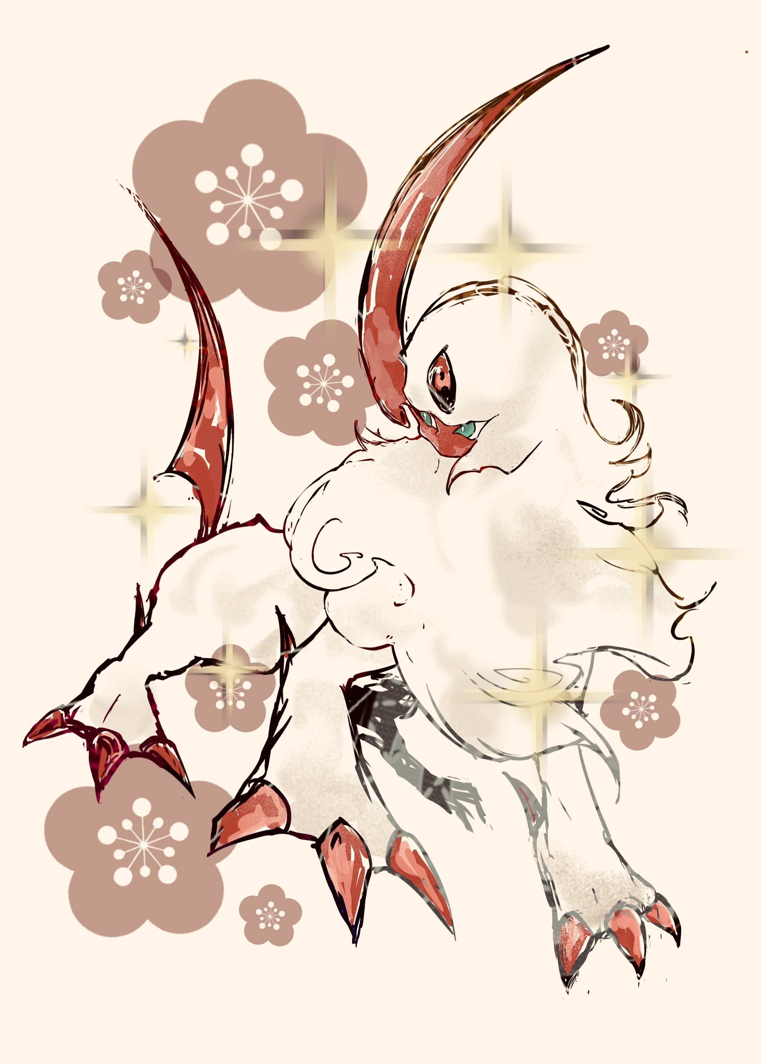 bwmtk1110, absol, nintendo, pokemon, absurdres, highres, alternate color, animal focus, bright pupils, claws, floral background, fluffy, full body, gen 3 pokemon, green eyes, horns, looking at viewer, mane, mega pokemon, neck fur, no humans, pokemon (creature), pokemon focus, shiny pokemon, simple background, single horn, solo, sparkle, standing, white background, white fur, white pupils