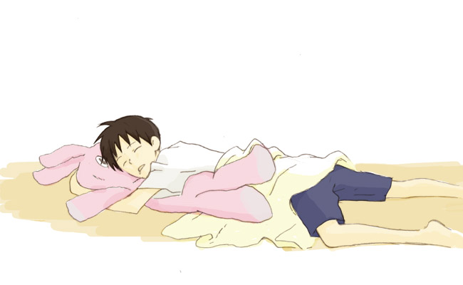 gen (susono01), ikari shinji, neon genesis evangelion, 1boy, androgynous, barefoot, blanket, hugging object, male focus, oekaki, pillow, pillow hug, rabbit, saliva, sleeping, solo, stuffed animal, stuffed rabbit, stuffed toy