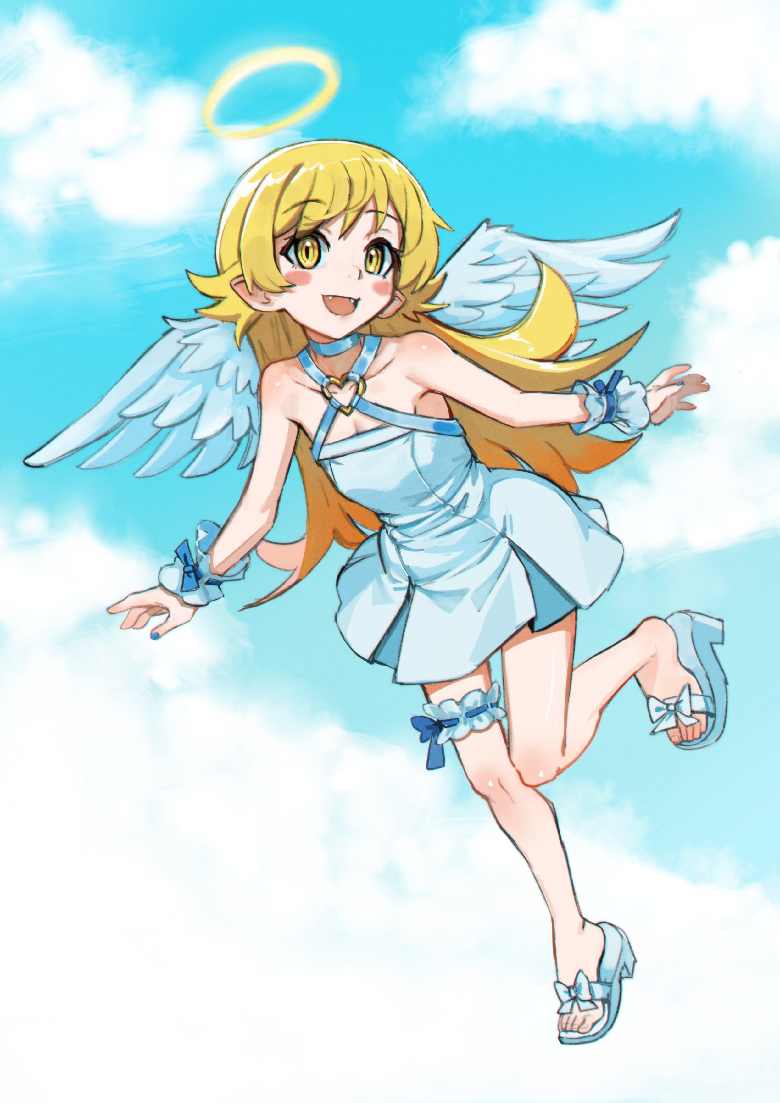 ricman rt, oshino shinobu, monogatari (series), absurdres, highres, angel wings, bare arms, bare legs, blonde hair, blue choker, blue nails, blue sky, blush stickers, bow, choker, cloud, cloudy sky, criss-cross halter, dress, fangs, flipped hair, flying, foot up, footwear bow, frilled thigh strap, frilled wrist cuffs, frills, full body, hair flaps, halo, halterneck, hands up, heart, heart o-ring, knee blush, looking at viewer, o-ring, open hands, open mouth, pleated dress, pointy ears, ribbon-trimmed wrist cuffs, ringed eyes, sandals, sky, slit pupils, swept bangs, thigh strap, toes, traditional halo, white dress, white sandals, white wings, white wrist cuffs, wings, wrist cuffs, yellow eyes
