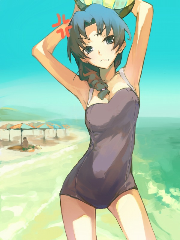 itachi (3dt), kawashima ami, toradora!, source request, 00s, 1girl, angry, ball, beach, blue eyes, blue hair, braid, breasts, cleavage, competition school swimsuit, day, female focus, hair over shoulder, matching hair/eyes, ocean, one-piece swimsuit, outdoors, sand, school swimsuit, single braid, small breasts, solo, swimsuit