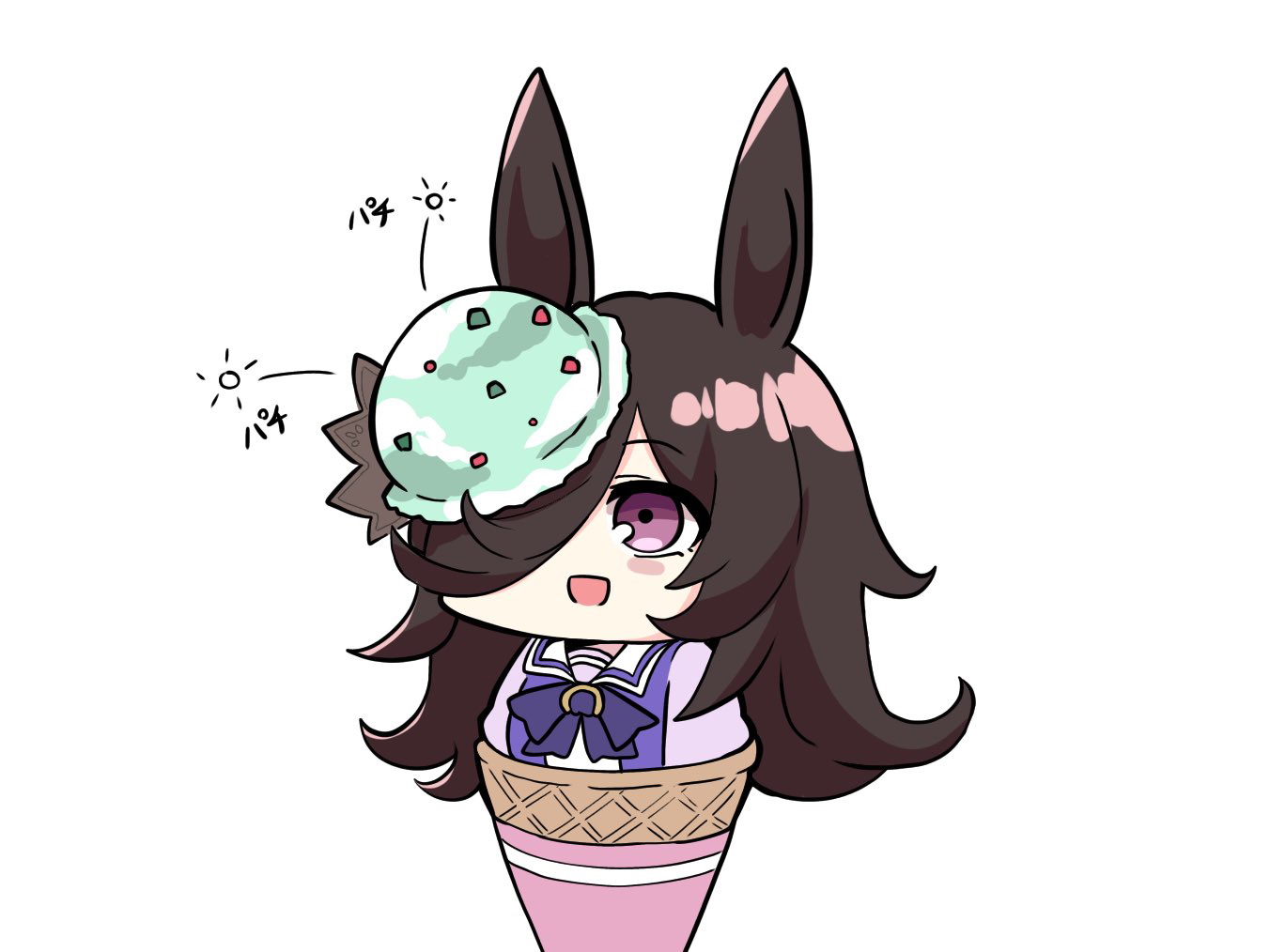 kawamochi (tddm3573), rice shower (umamusume), umamusume, translation request, 1girl, :d, animal ears, black hair, blush stickers, bow, food, food in hair, food on hair, food on head, hair over one eye, horse ears, ice cream, ice cream cone, in food, long hair, object on head, open mouth, puffy sleeves, purple bow, purple eyes, purple shirt, school uniform, shirt, simple background, smile, solo, tracen school uniform, very long hair, white background