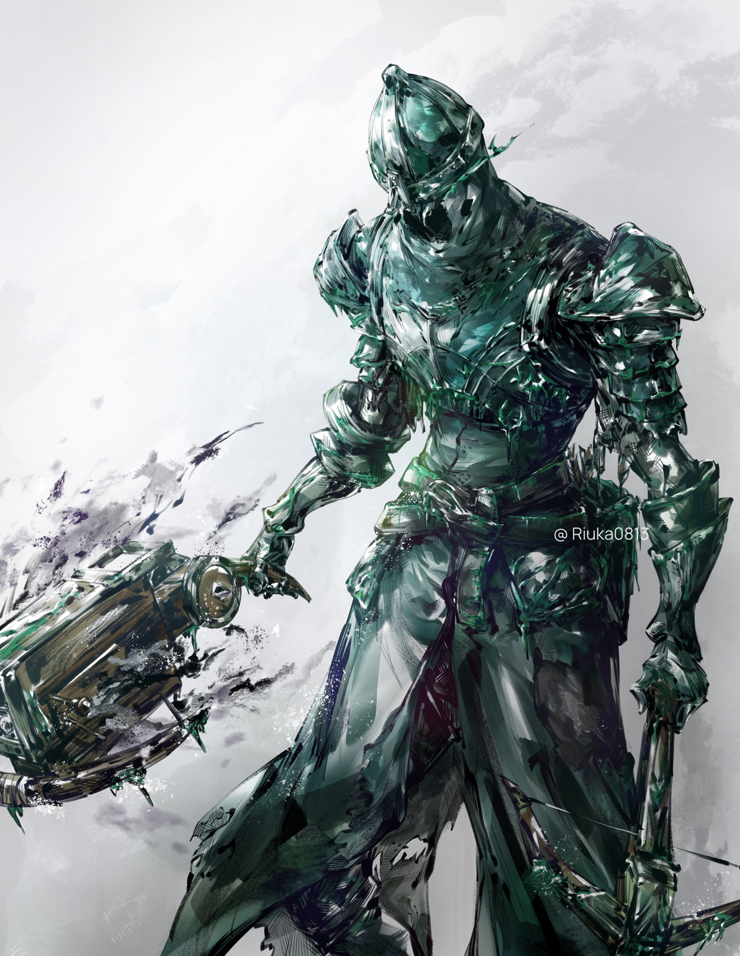 riuka0813, dark souls (series), dark souls ii, commentary, commentary request, english commentary, highres, armor, belt, bow (weapon), breastplate, chain, cowboy shot, crossbow, dual wielding, green armor, green belt, helmet, holding, holding crossbow, holding weapon, knight, living armor, no humans, pauldrons, sanctum knight, shoulder armor, weapon