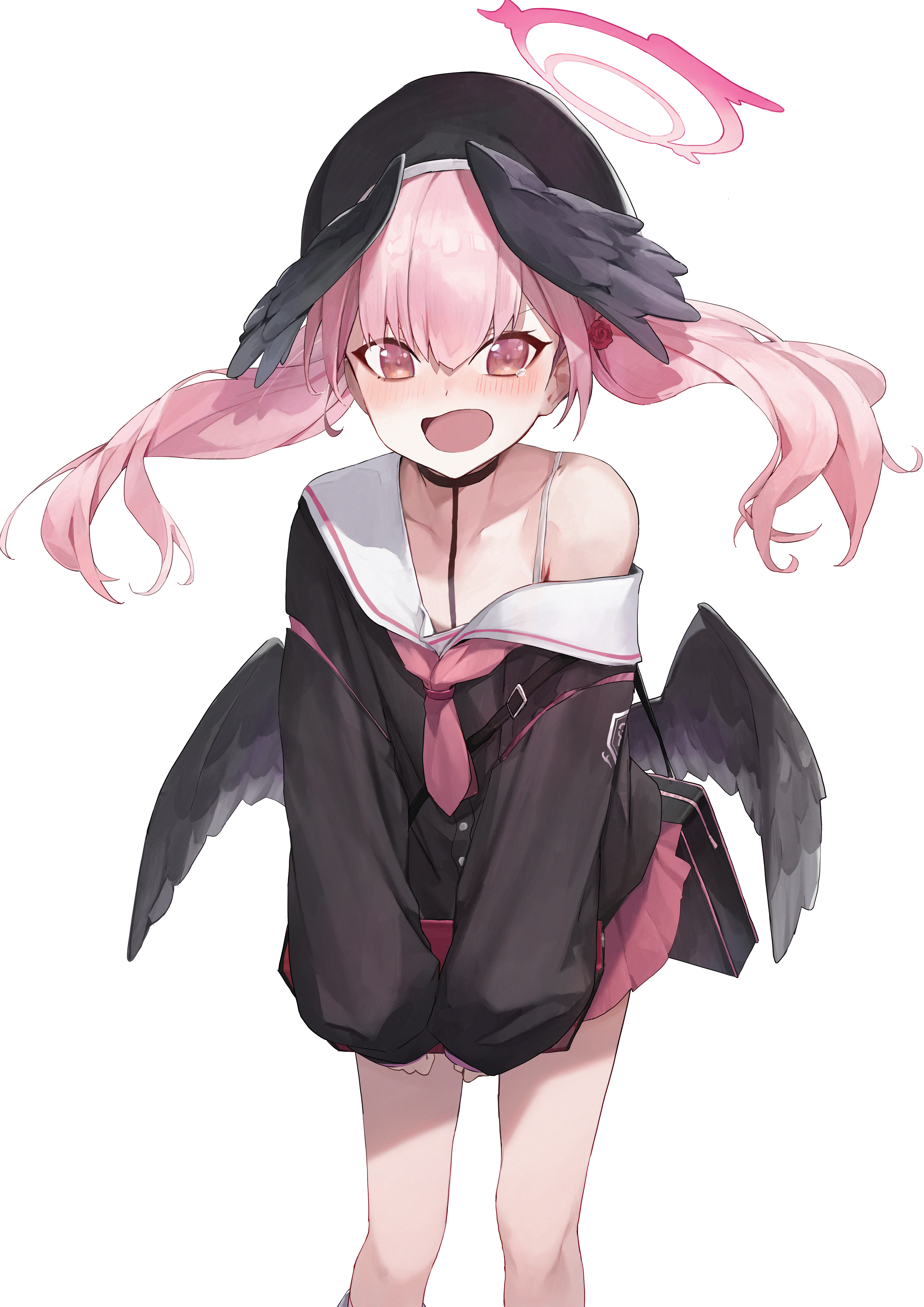 enokinoko1010, koharu (blue archive), blue archive, absurdres, commentary, highres, 1girl, beret, black bag, black choker, black hat, black shirt, black wings, blush, bra strap, choker, feathered wings, hair between eyes, halo, hat, head wings, looking at another, low wings, pink eyes, pink hair, pink halo, pink skirt, pleated skirt, sailor collar, shirt, simple background, skirt, sleeves past wrists, solo, twintails, white background, white sailor collar, wings