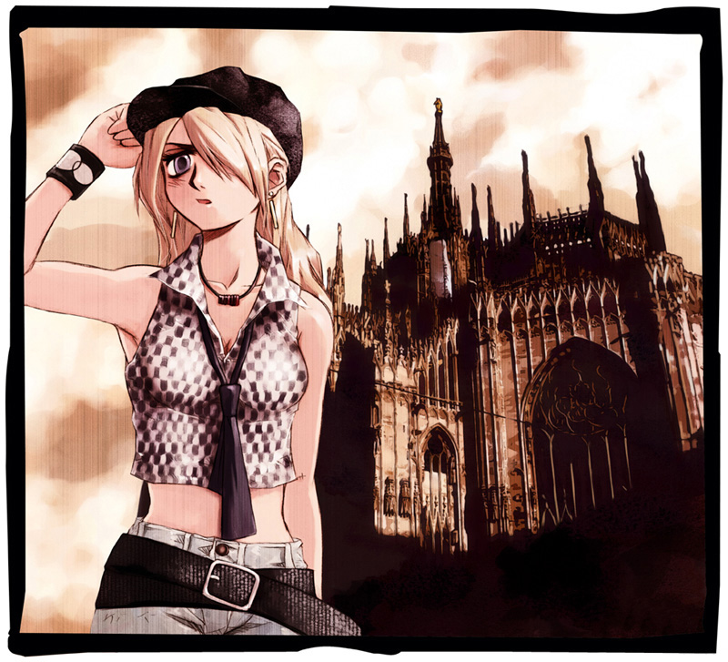 messiah cage, framed, photo (medium), 1girl, architecture, armpits, belt, blonde hair, blue eyes, bracelet, breasts, buttons, church, cleavage, cloud, cuffs, denim, earrings, evening, female focus, goth fashion, gothic architecture, hair over one eye, hat, jeans, jewelry, long hair, medium breasts, midriff, necklace, necktie, newsboy cap, pants, photo (object), photo background, sky, solo, standing, wristband