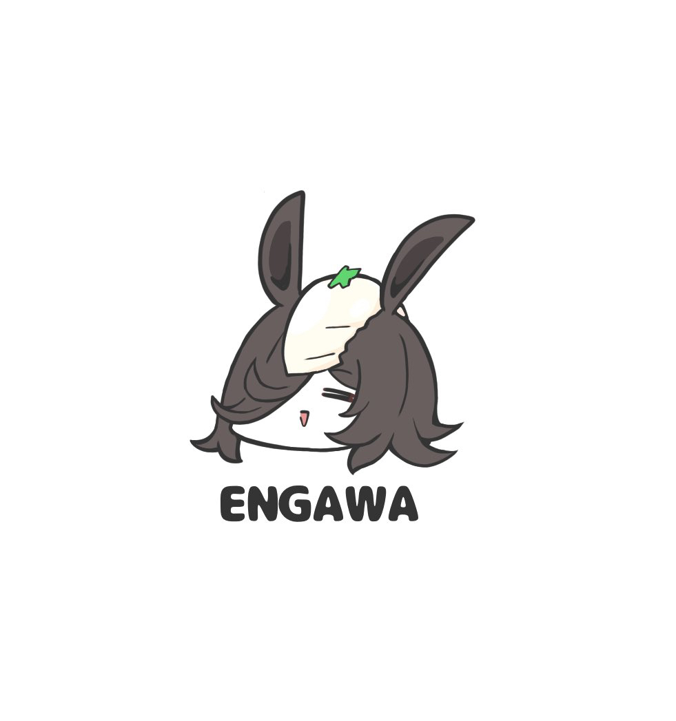 kawamochi (tddm3573), rice shower (umamusume), umamusume, food request, 1girl, :>, animal ears, chibi, closed eyes, facing viewer, food, food in hair, food on hair, food on head, head only, horse ears, object on head, parted lips, simple background, smile, solo, triangle mouth, white background