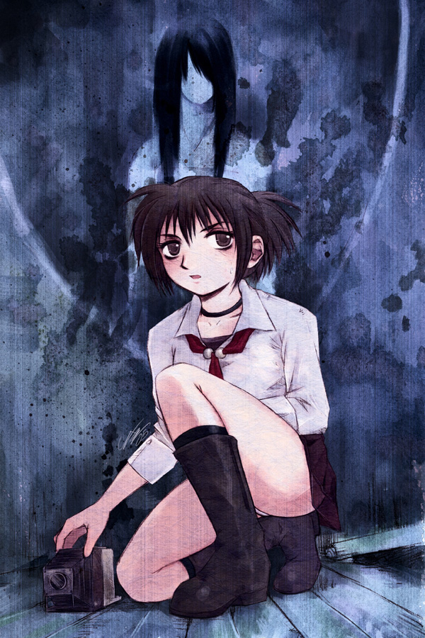 messiah cage, himuro kirie, hinasaki miku, fatal frame, fatal frame 1, fatal frame iii: the tormented, wood, 2girls, bellows camera, black hair, blouse, boots, bow, brown eyes, brown hair, buttons, camera, choker, dark, flat chest, ghost, kneeling, long hair, multiple girls, on one knee, ponytail, portrait, shirt, short hair, skirt, socks