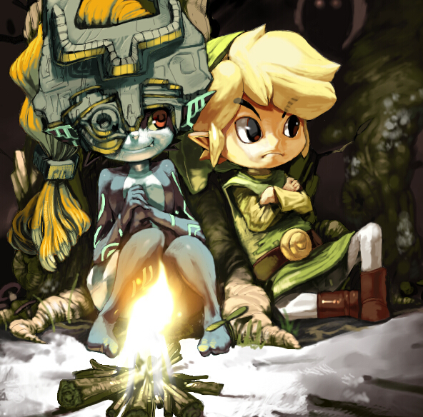 koki (ryoushikiha), link, midna, toon link, nintendo, the legend of zelda, the legend of zelda: twilight princess, 1boy, 1girl, blonde hair, colored skin, crossover, fang, fire, fireplace, frown, grey skin, hat, helmet, long hair, orange hair, pants, pointy ears, red eyes, smile, wii version