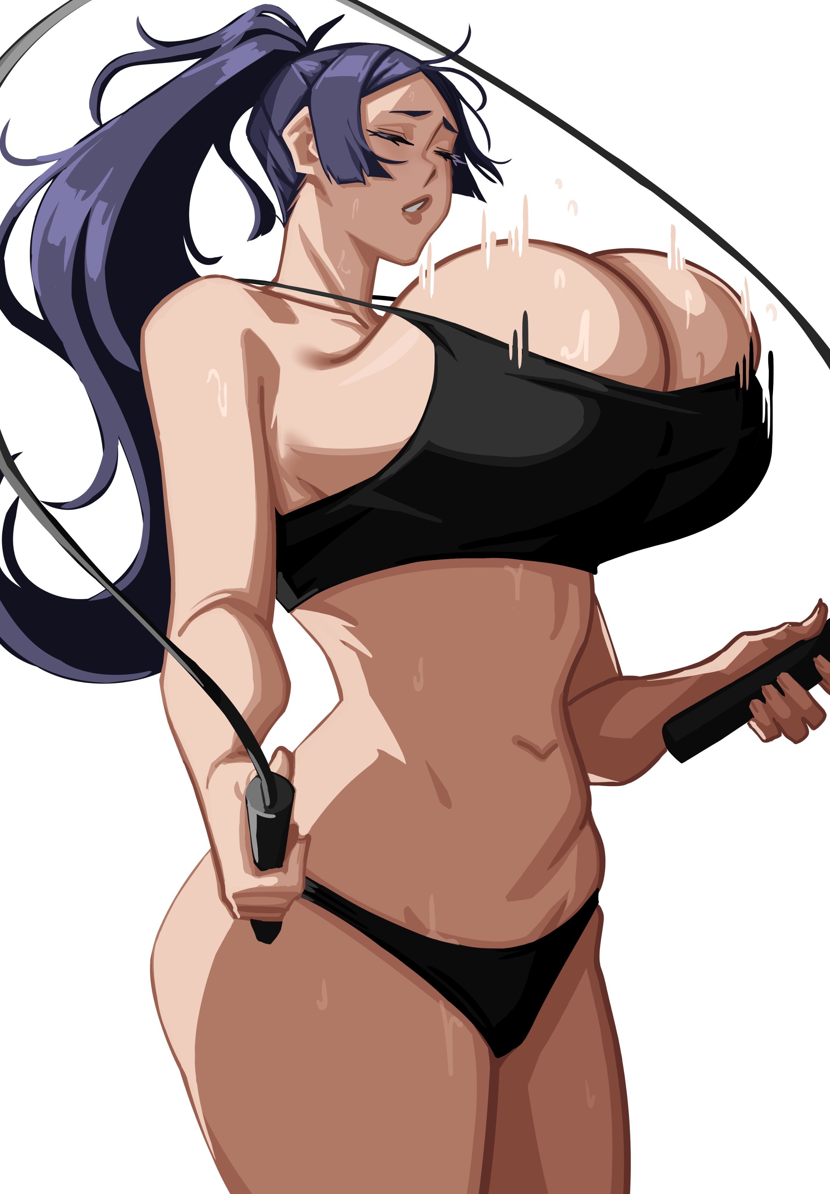 alecto 0, minamoto no raikou (fate), fate/grand order, fate (series), absurdres, highres, 1girl, bare shoulders, black panties, black sports bra, bouncing breasts, breasts, cleavage, closed eyes, huge breasts, jump rope, long hair, navel, panties, parted bangs, parted lips, purple hair, solo, sports bra, underwear